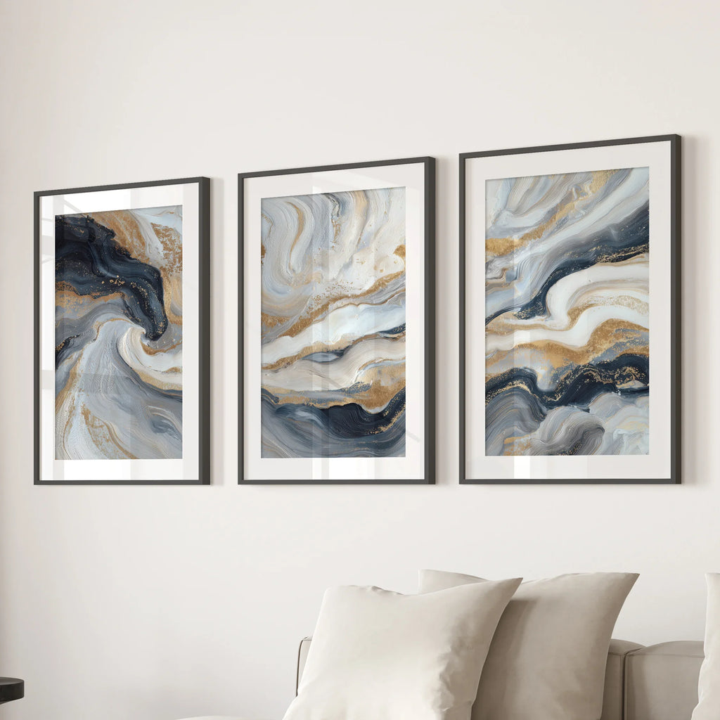 3 Piece Modern Abstract Marble Wall Art: Navy Blue and Gold