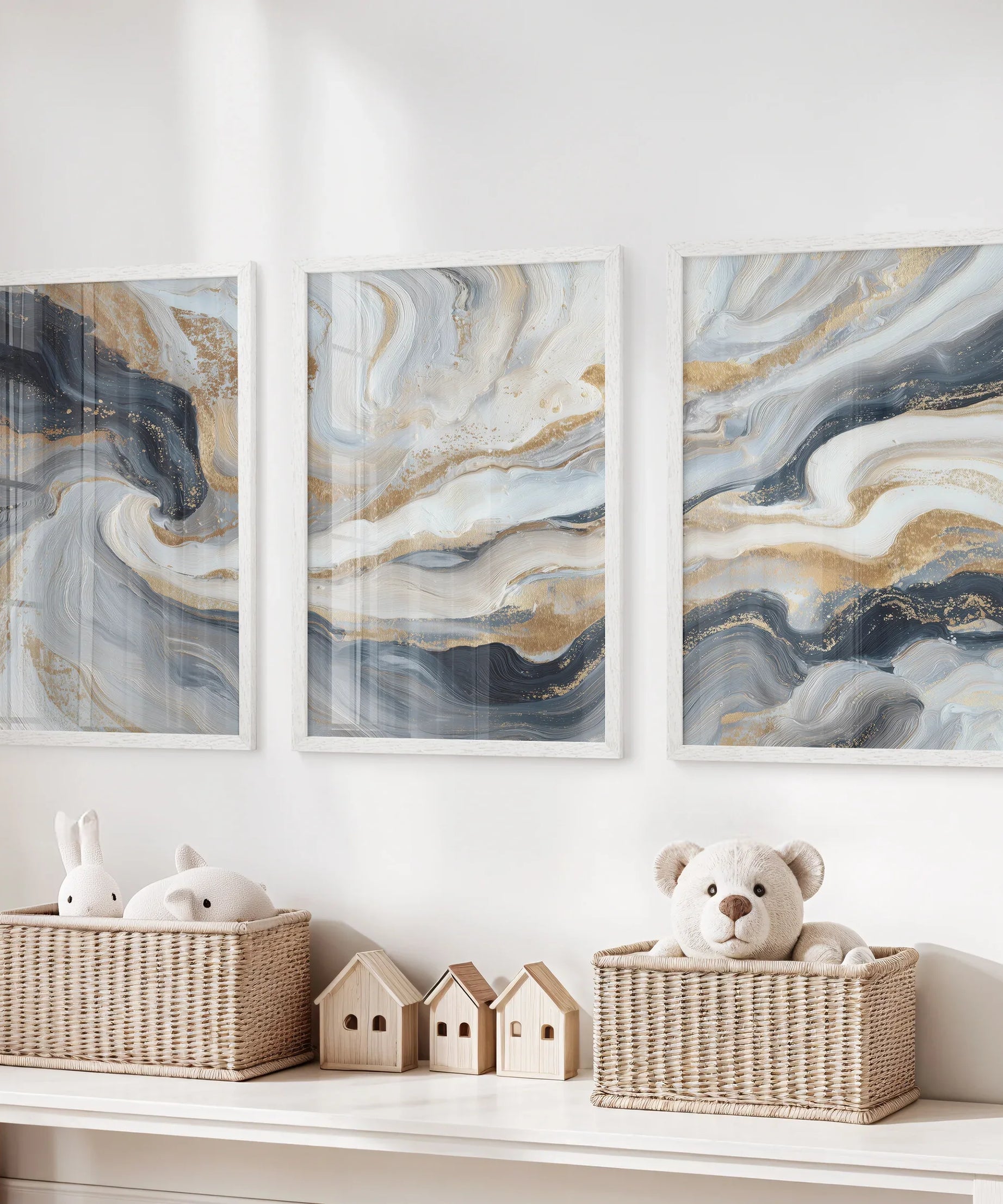 3 Piece Modern Abstract Marble Wall Art: Navy Blue and Gold