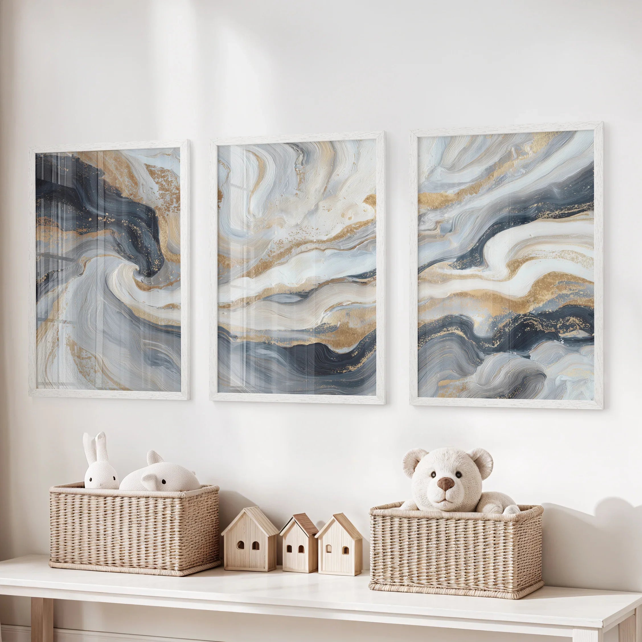 3 Piece Modern Abstract Marble Wall Art: Navy Blue and Gold