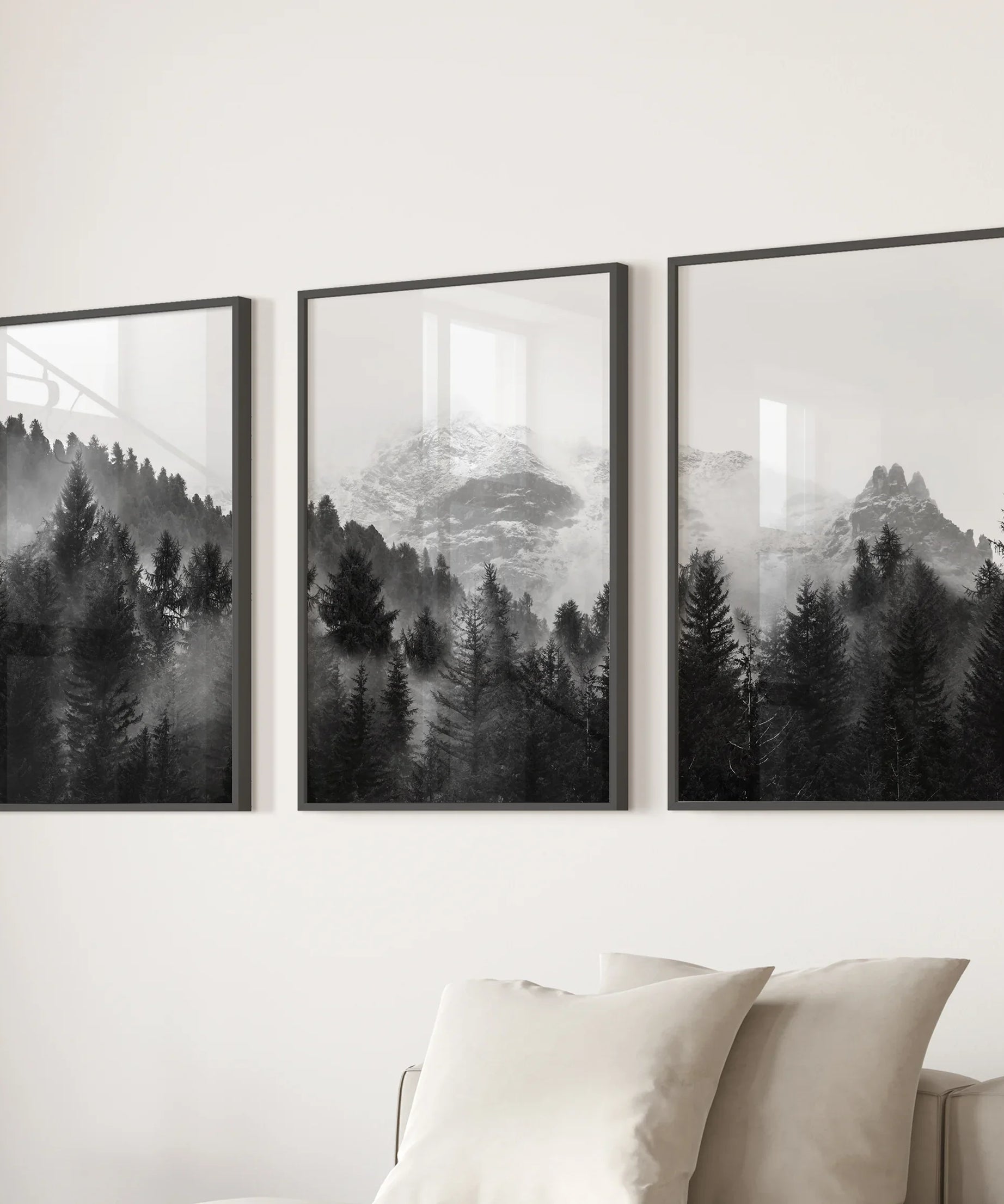 Black White Forest Triptych. Misty Mountains Nature Posters