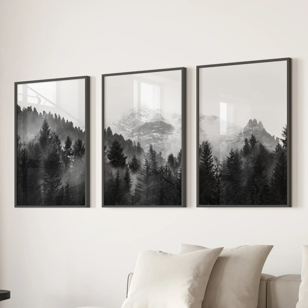 Black White Forest Triptych. Misty Mountains Nature Posters