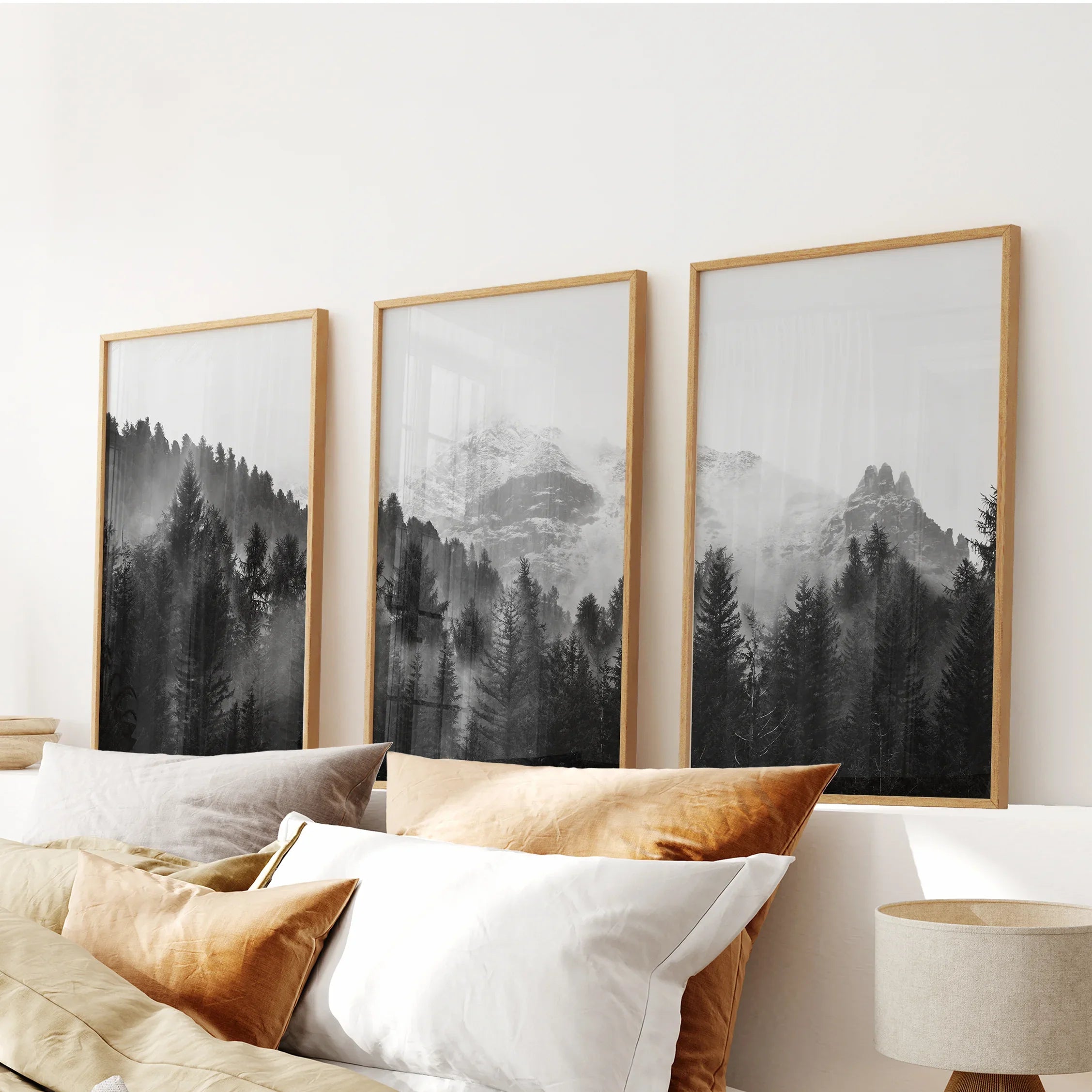 Black White Forest Triptych. Misty Mountains Nature Posters