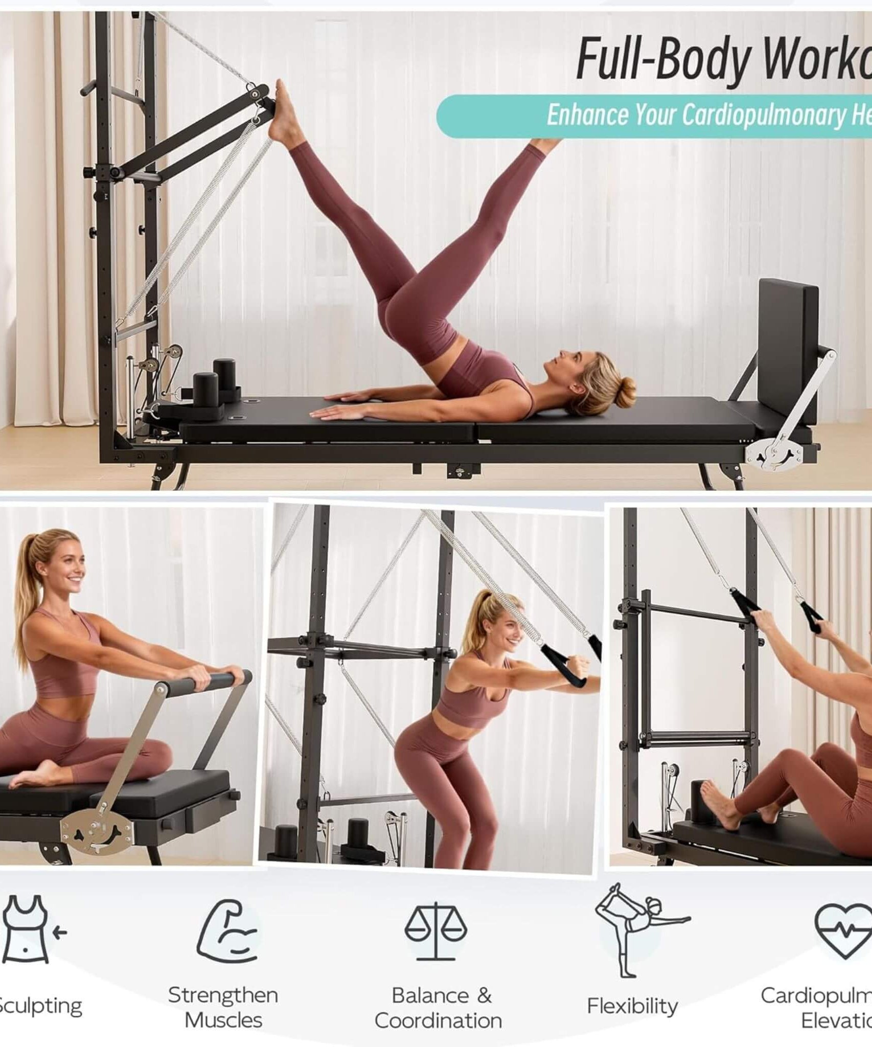 Core Pilates Foldable Dual Resistance Pilates Reformer Machine With Tower (SAK96041)