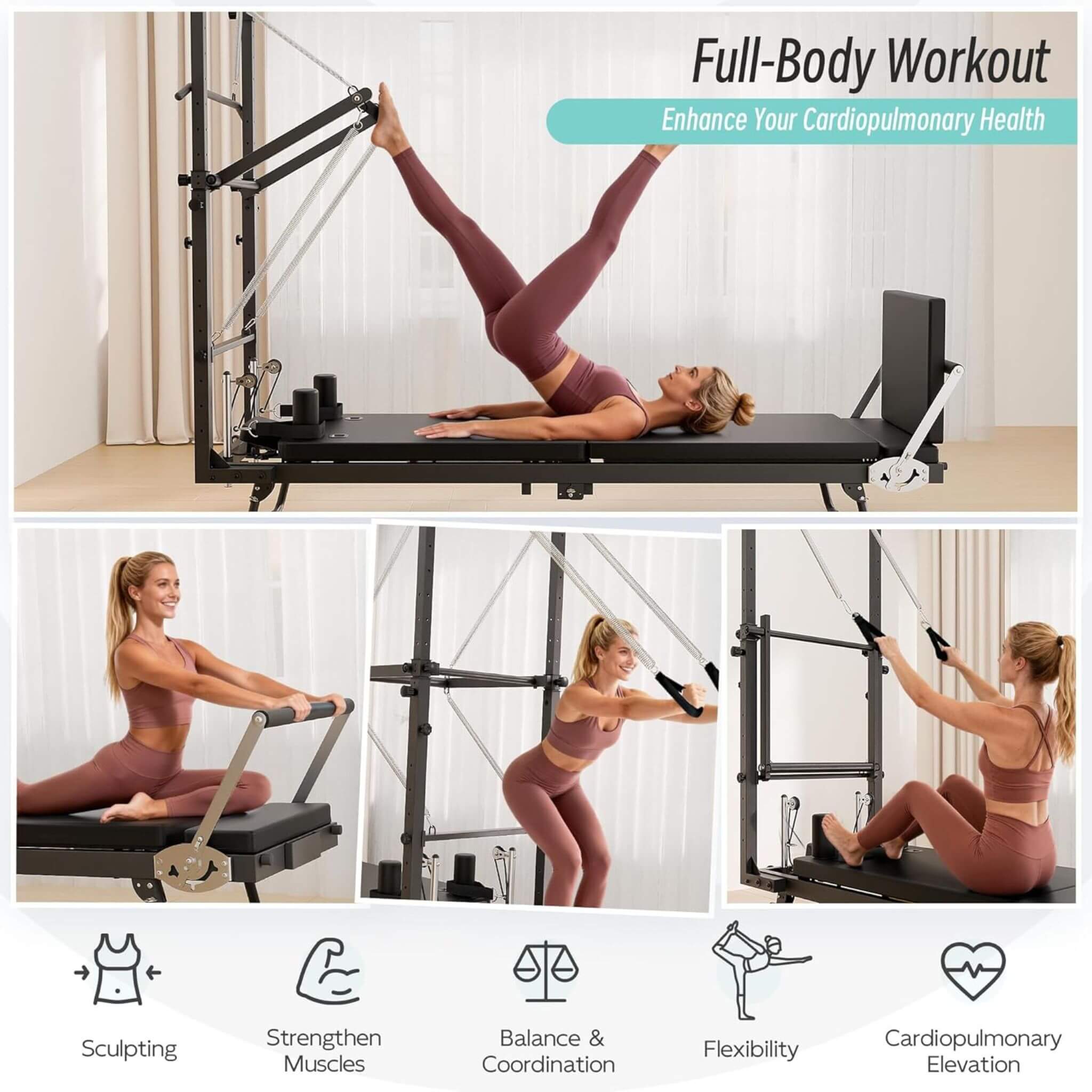 Core Pilates Foldable Dual Resistance Pilates Reformer Machine With Tower (SAK96041)