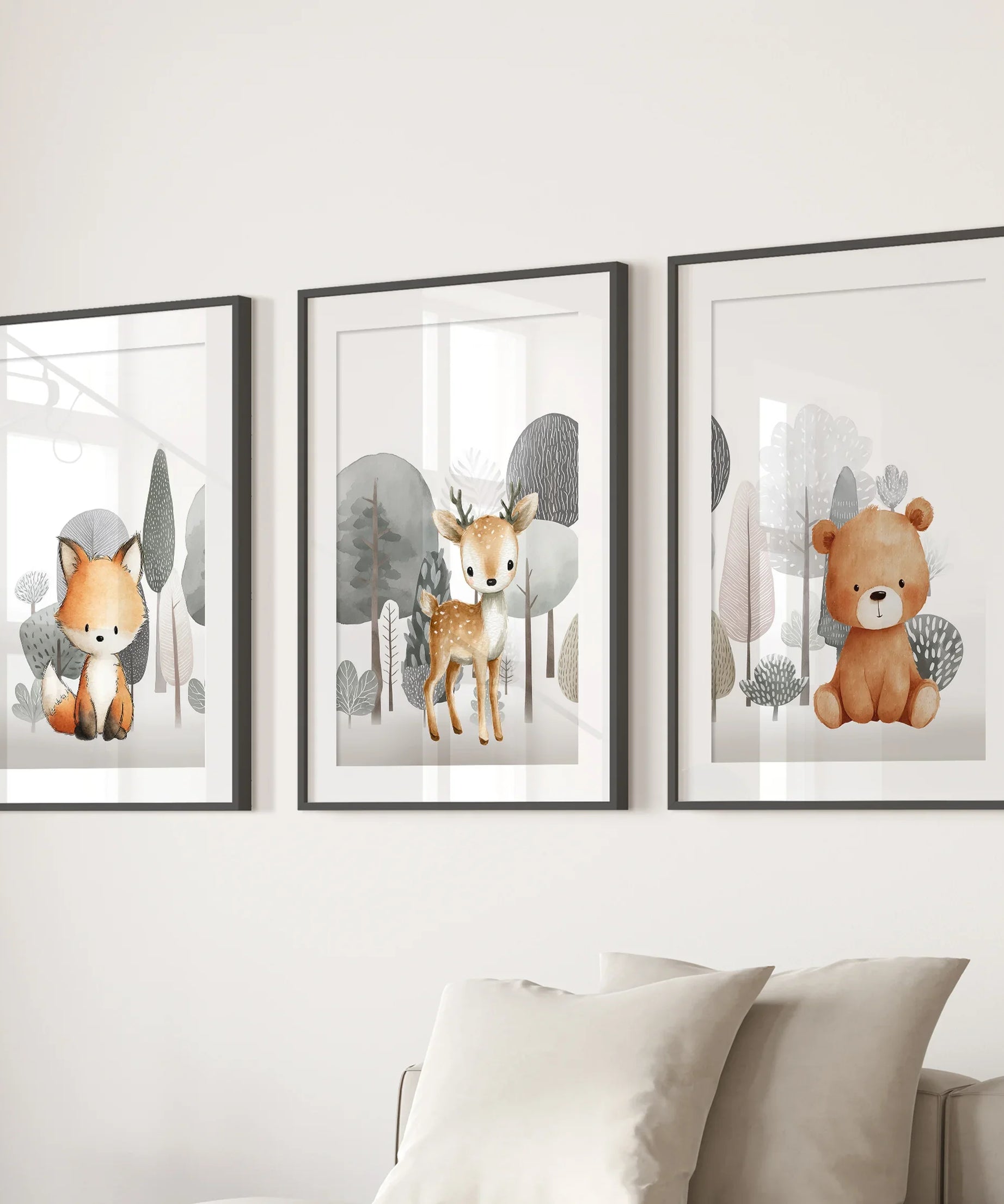 Forest Animal Nursery Decor. Cute Fox Fawn Bear Print Set
