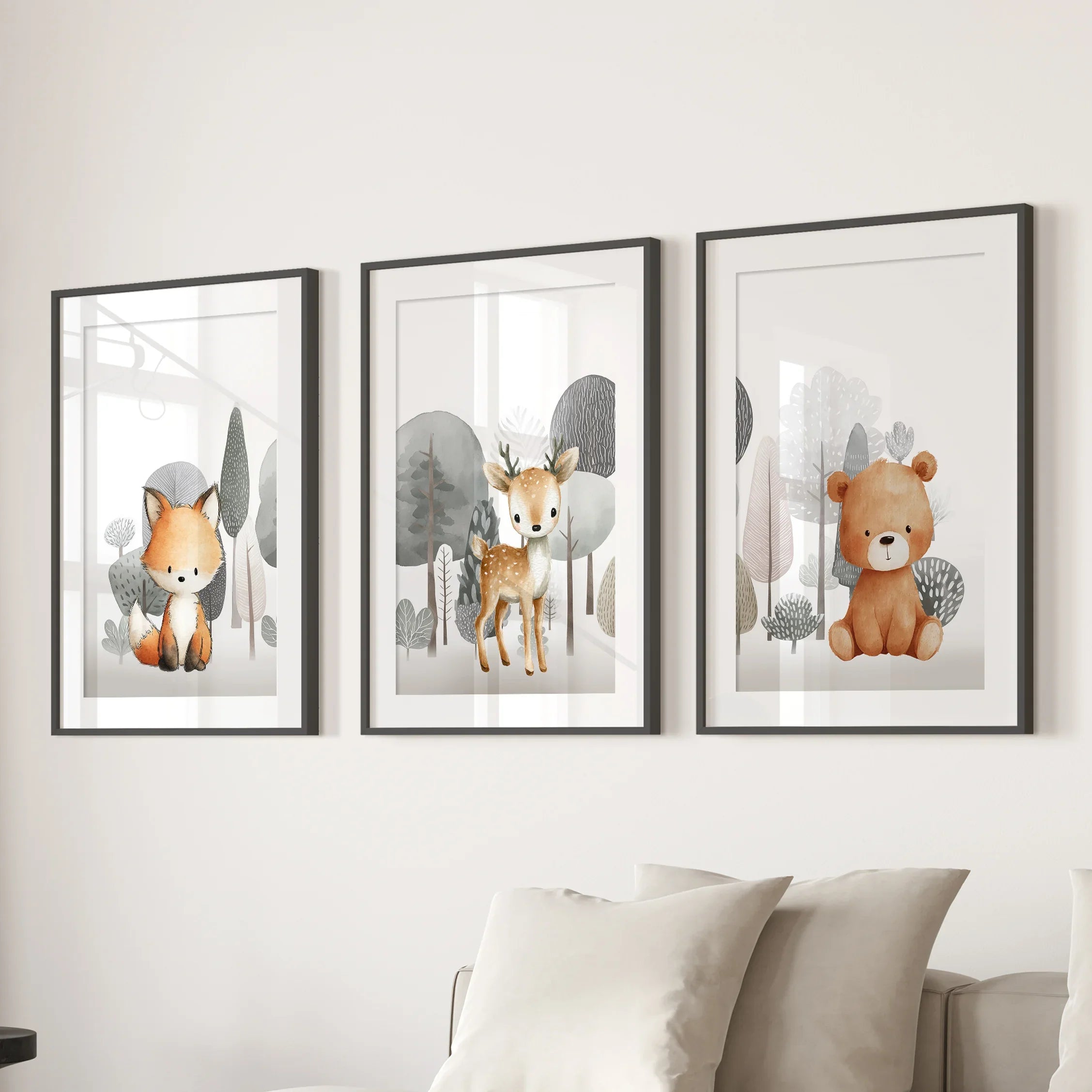 Forest Animal Nursery Decor. Cute Fox Fawn Bear Print Set