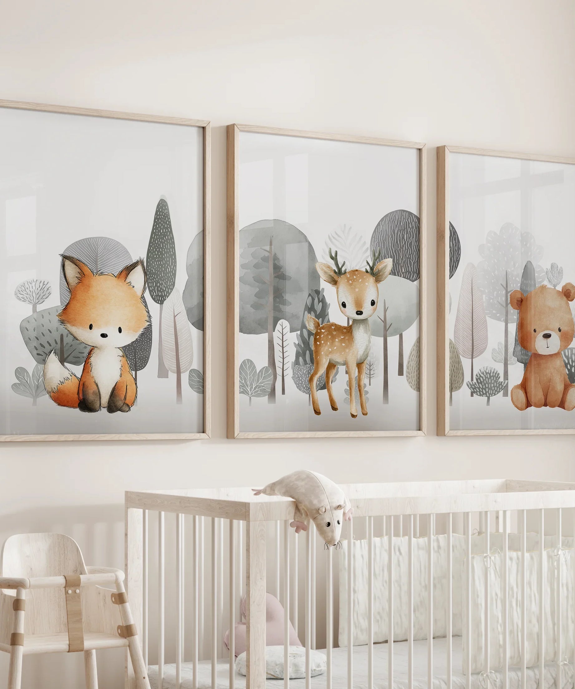 Forest Animal Nursery Decor. Cute Fox Fawn Bear Print Set