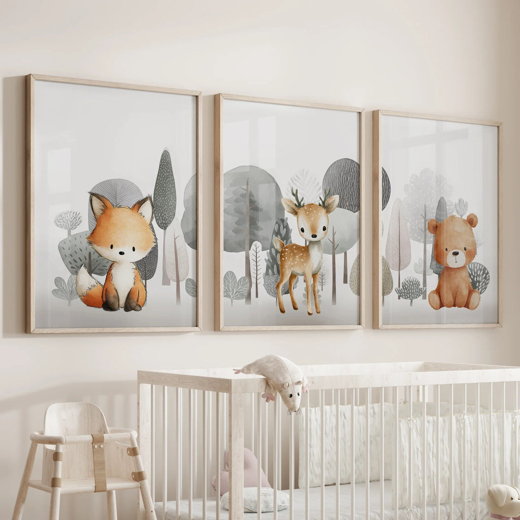 Forest Animal Nursery Decor. Cute Fox Fawn Bear Print Set