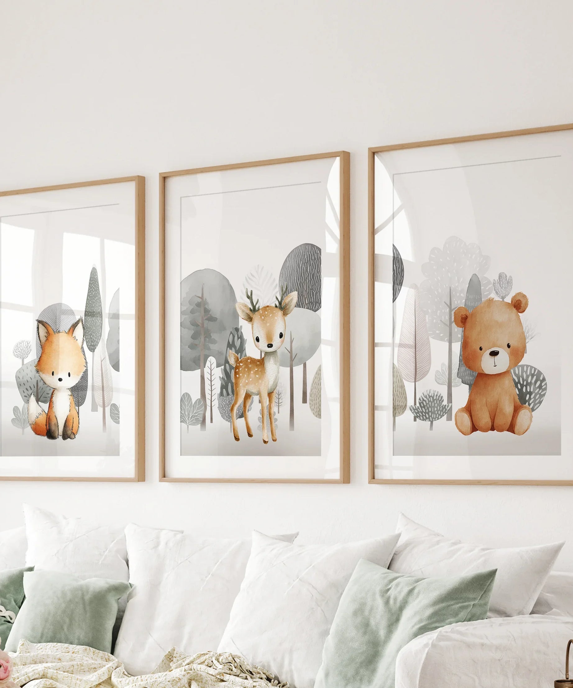 Forest Animal Nursery Decor. Cute Fox Fawn Bear Print Set