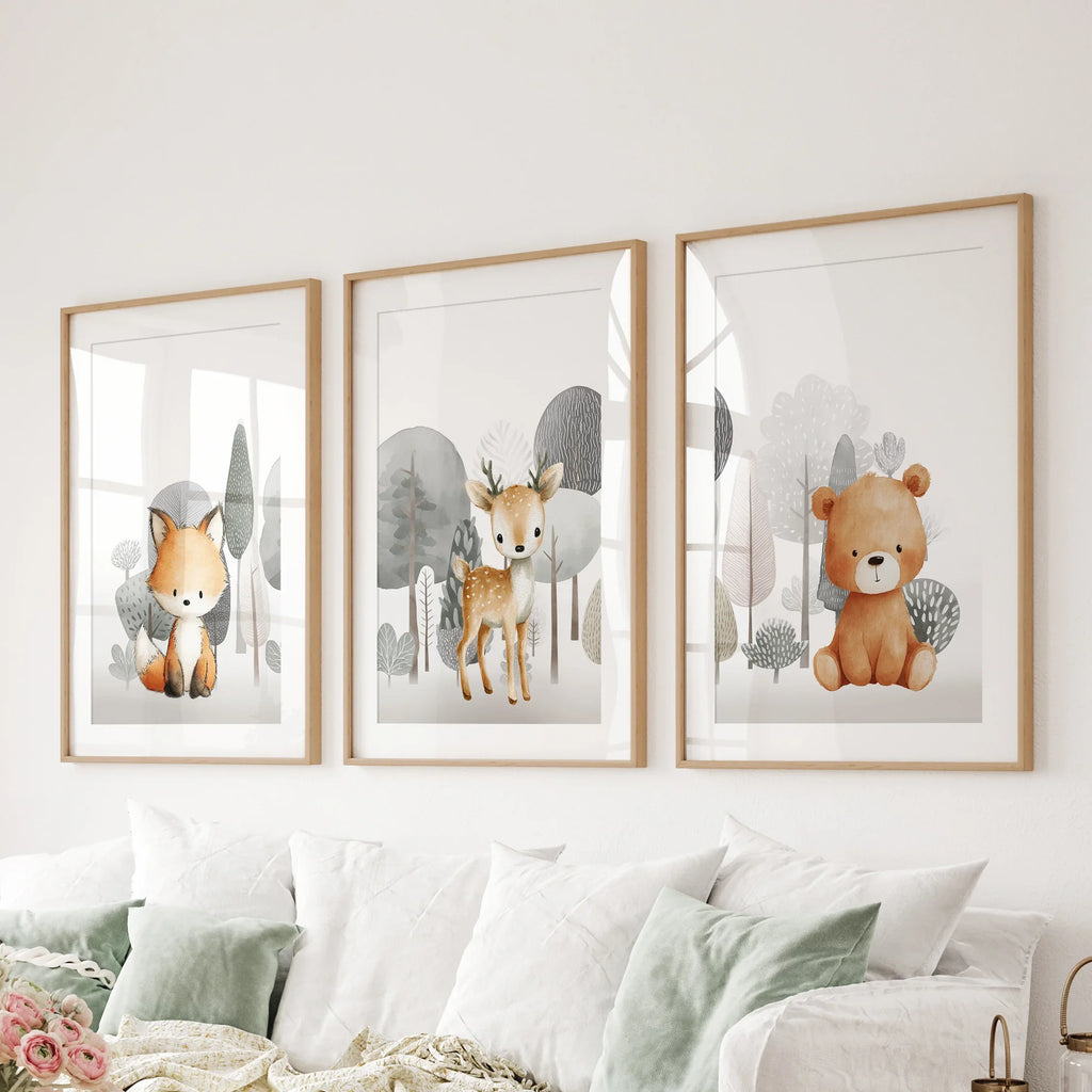 Forest Animal Nursery Decor. Cute Fox Fawn Bear Print Set