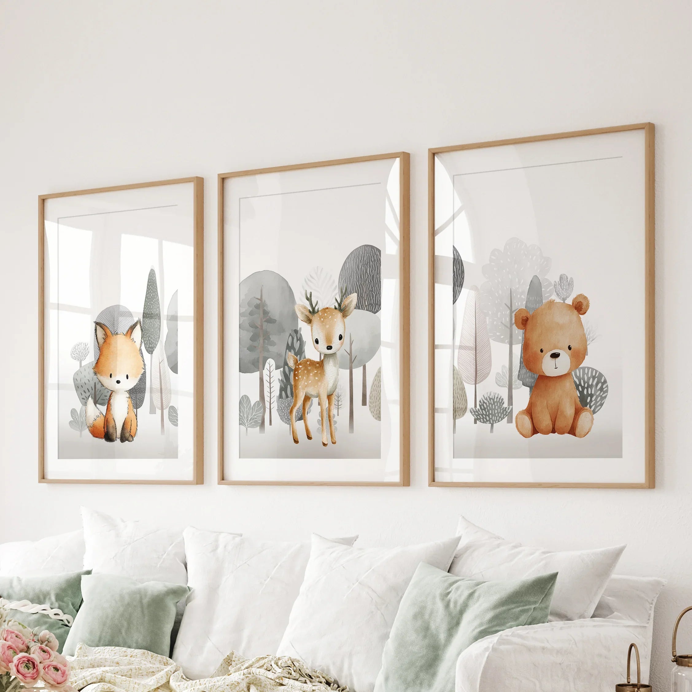 Forest Animal Nursery Decor. Cute Fox Fawn Bear Print Set
