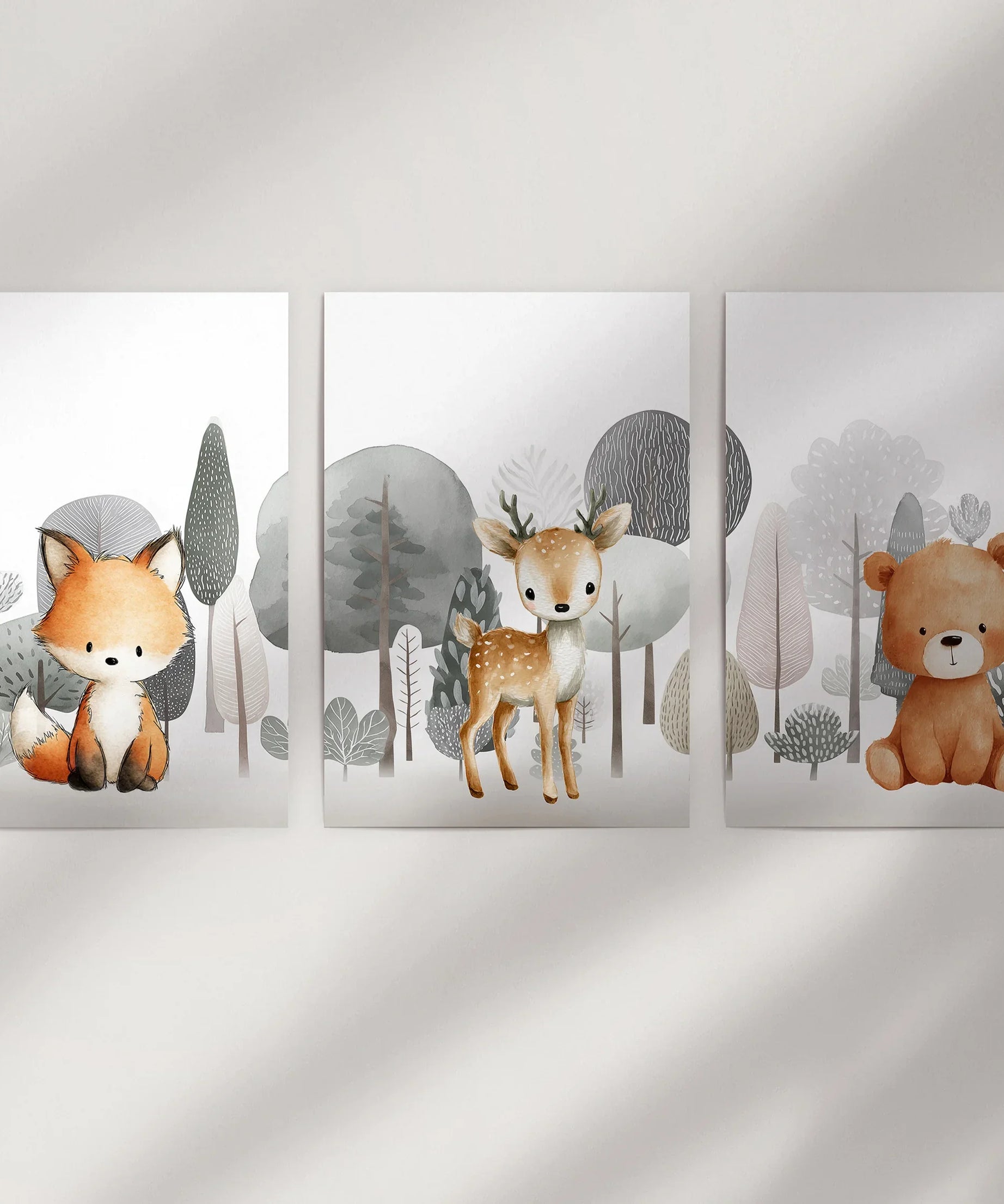 Forest Animal Nursery Decor. Cute Fox Fawn Bear Print Set