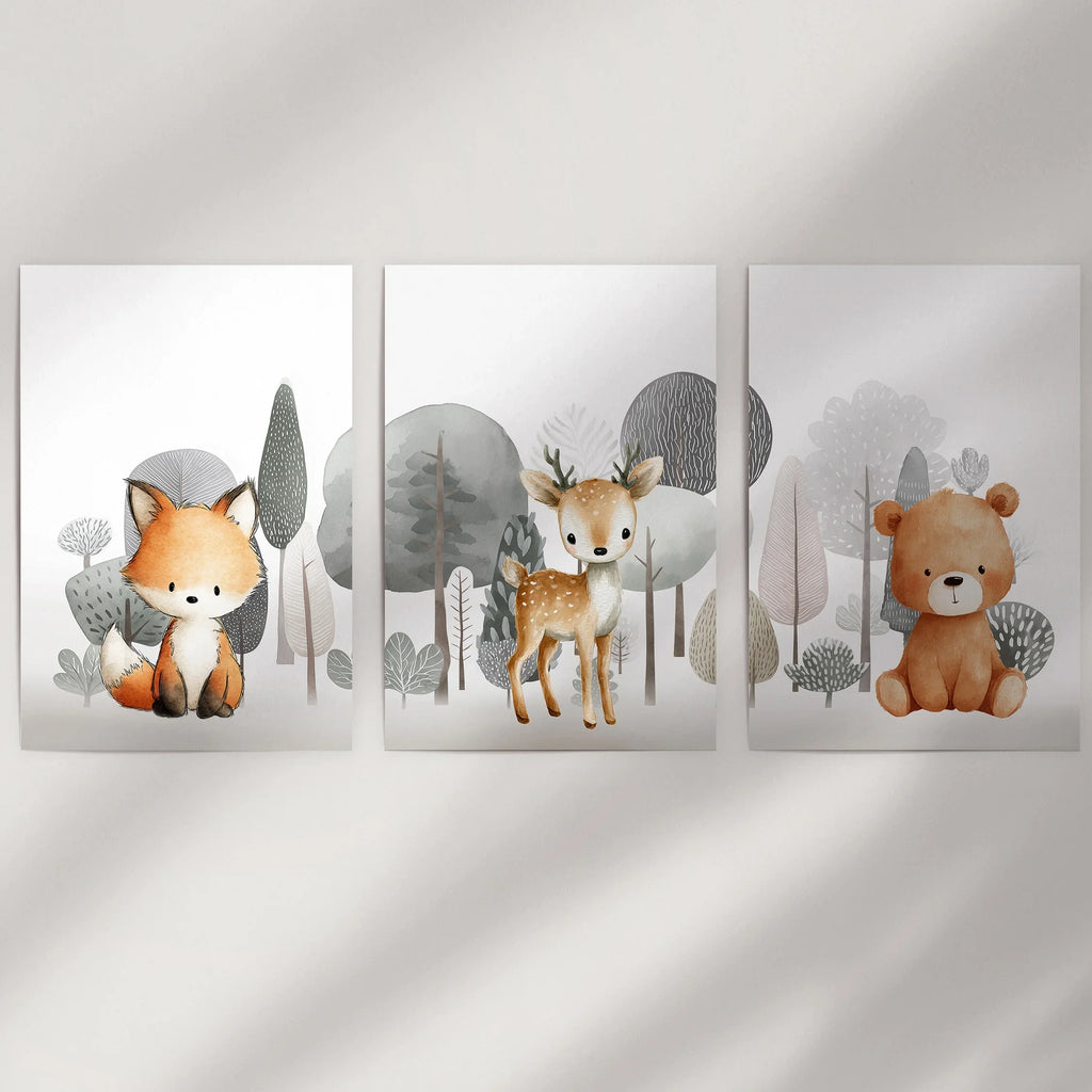 Forest Animal Nursery Decor. Cute Fox Fawn Bear Print Set