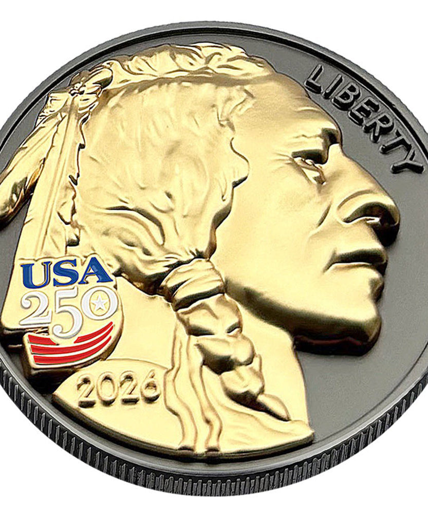 3D American Buffalo Indian Head Tribute Coin mit USA 250 Privy Mark (Schwarzruthenium & 24k Gold)