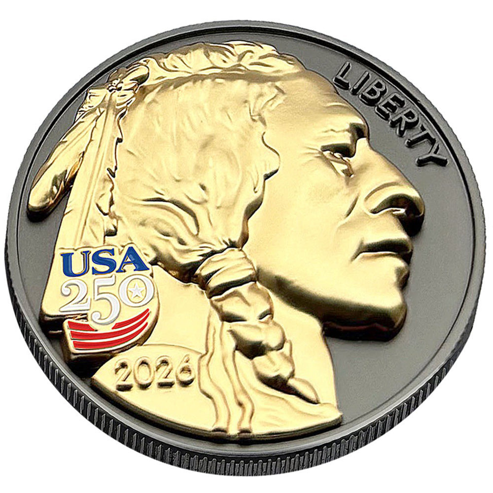3D American Buffalo Indian Head Tribute Coin mit USA 250 Privy Mark (Schwarzruthenium & 24k Gold)