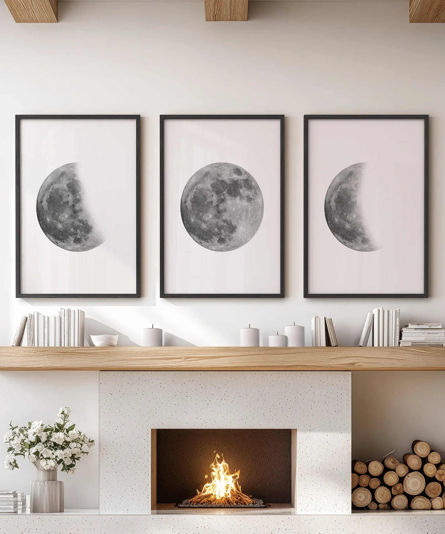 Moon Phases Set of 3 Prints. Black and White Lunar Cycle