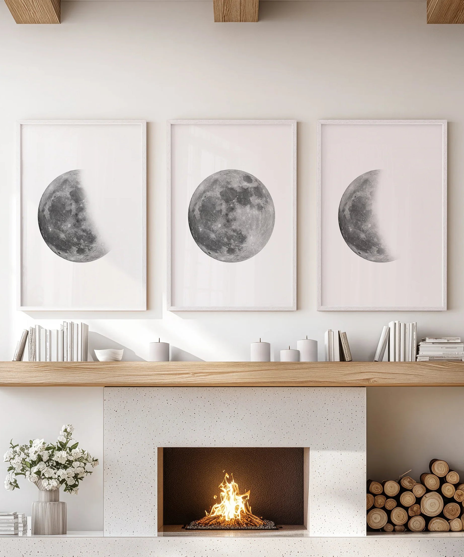 Moon Phases Set of 3 Prints. Black and White Lunar Cycle