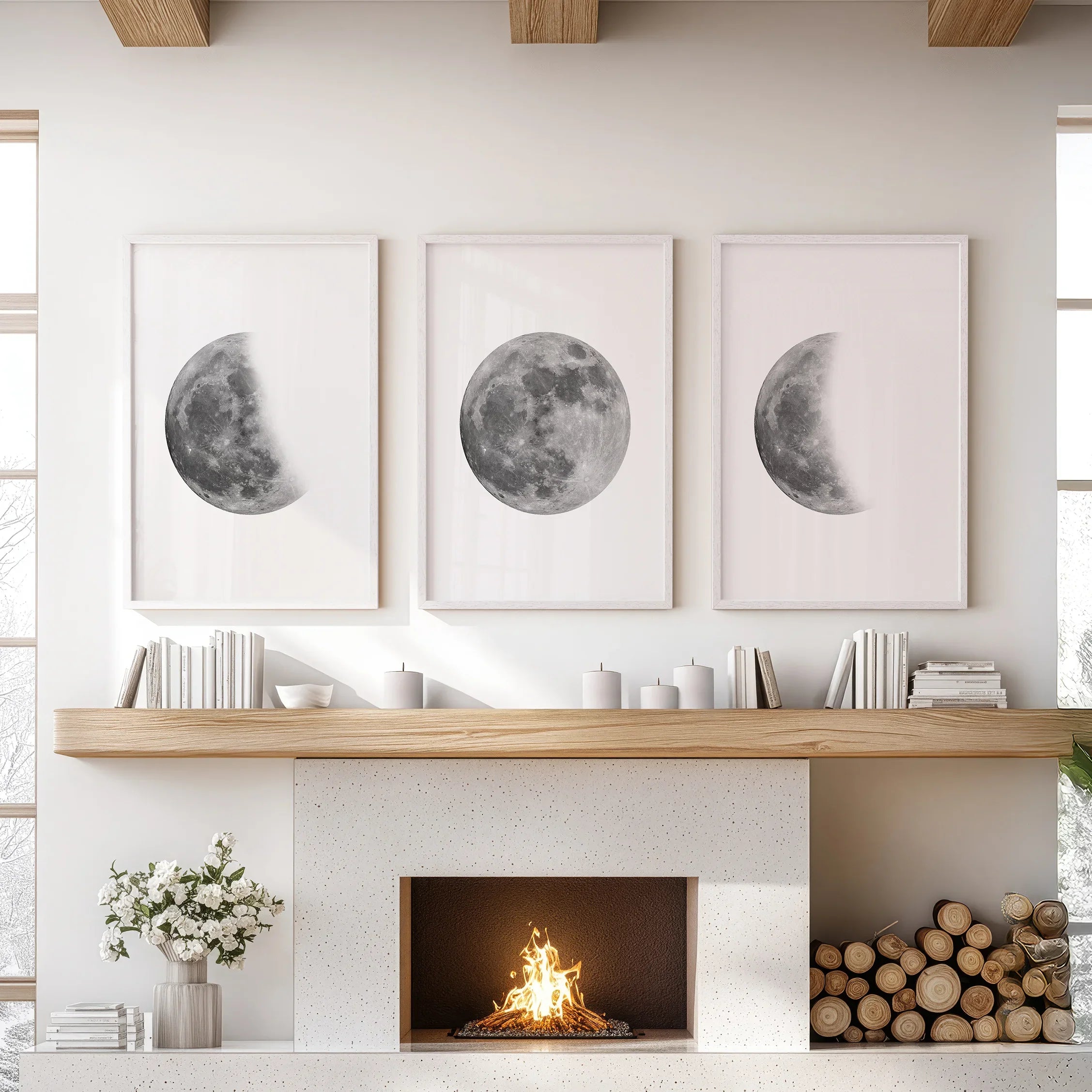 Moon Phases Set of 3 Prints. Black and White Lunar Cycle