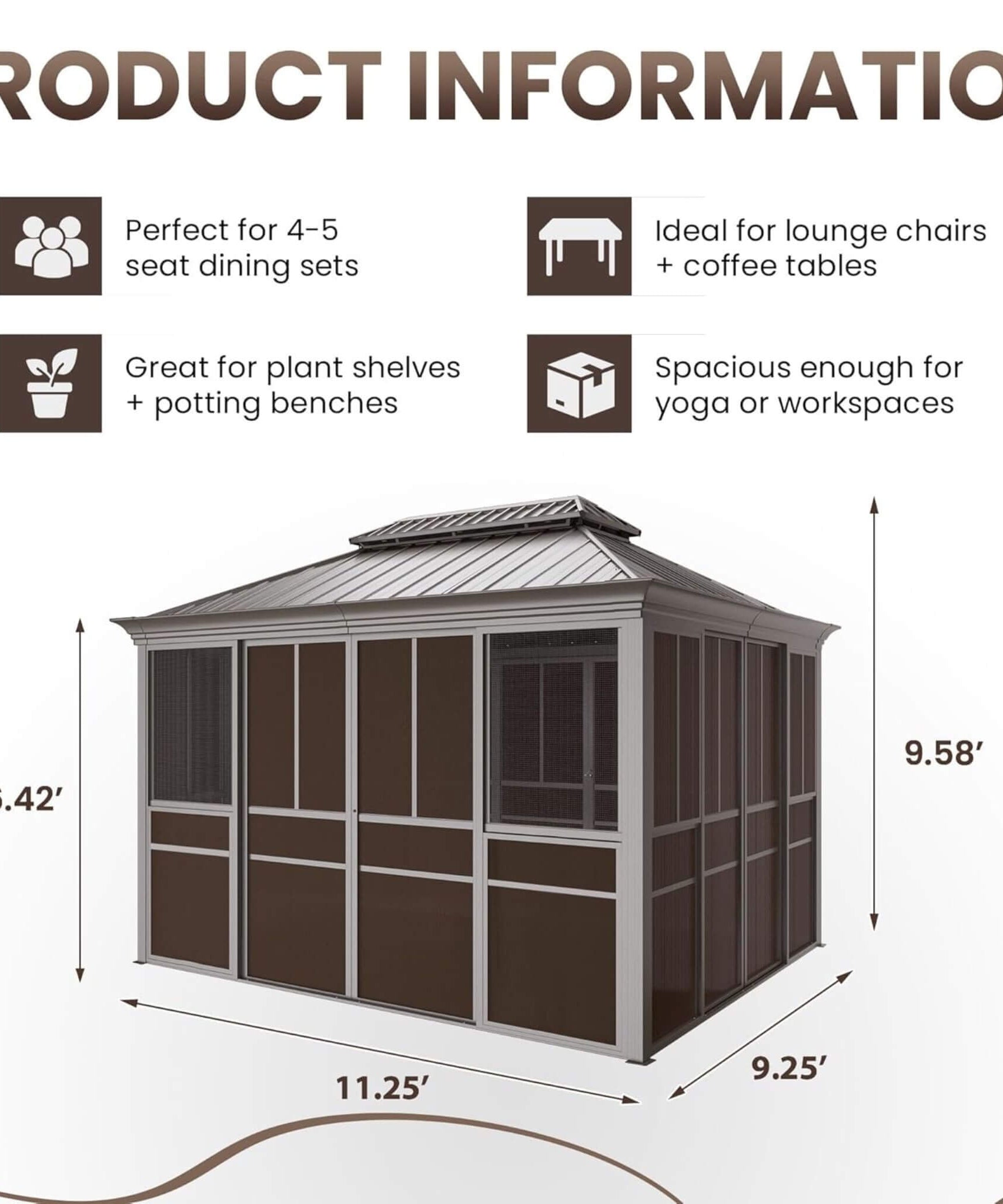 Alora Terrace Fully-Enclosed Outdoor Black Sunroom With Lockable Sliding Doors And Galvanized Double Steel Roof (SAK81634)