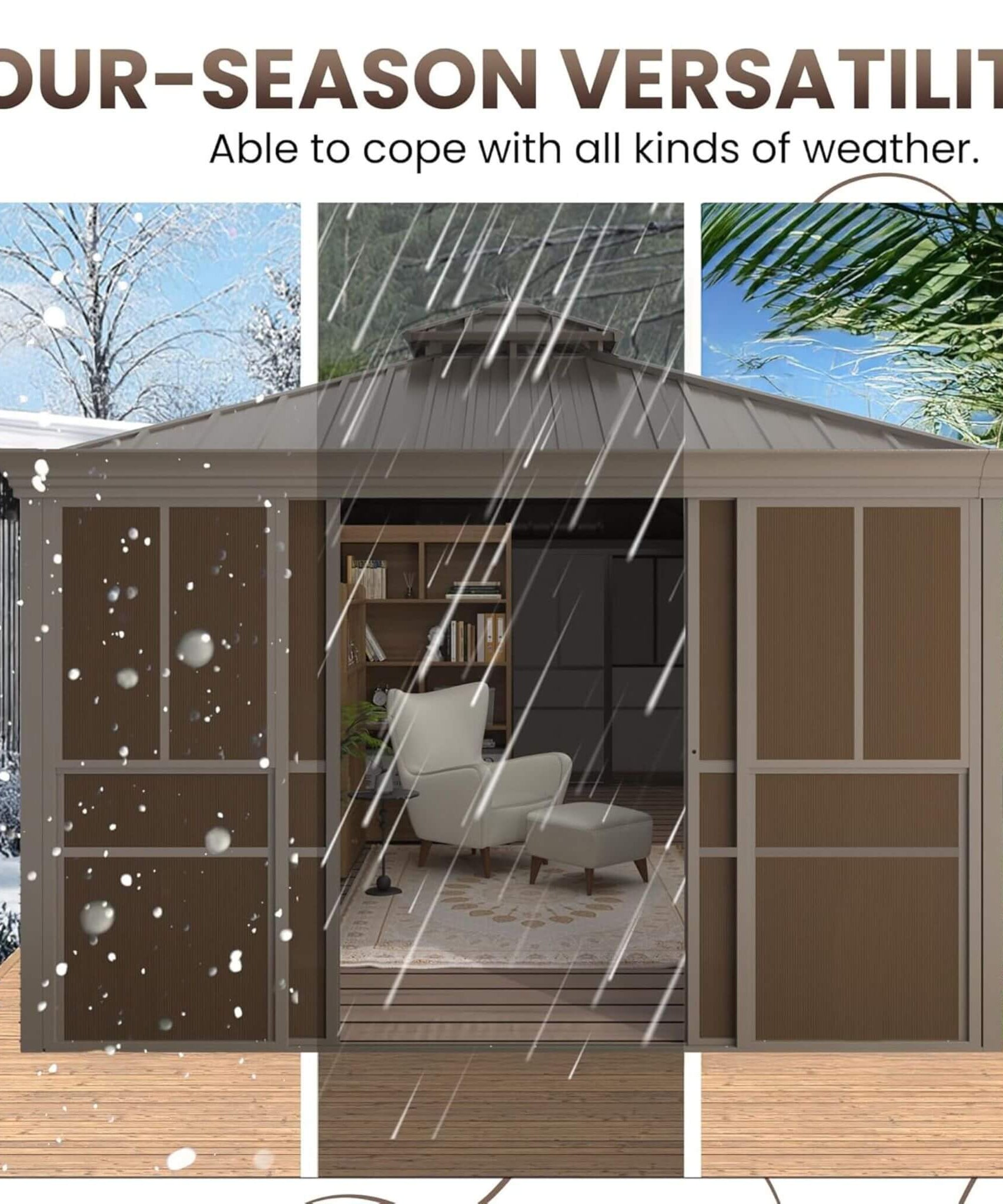 Alora Terrace Fully-Enclosed Outdoor Black Sunroom With Lockable Sliding Doors And Galvanized Double Steel Roof (SAK81634)