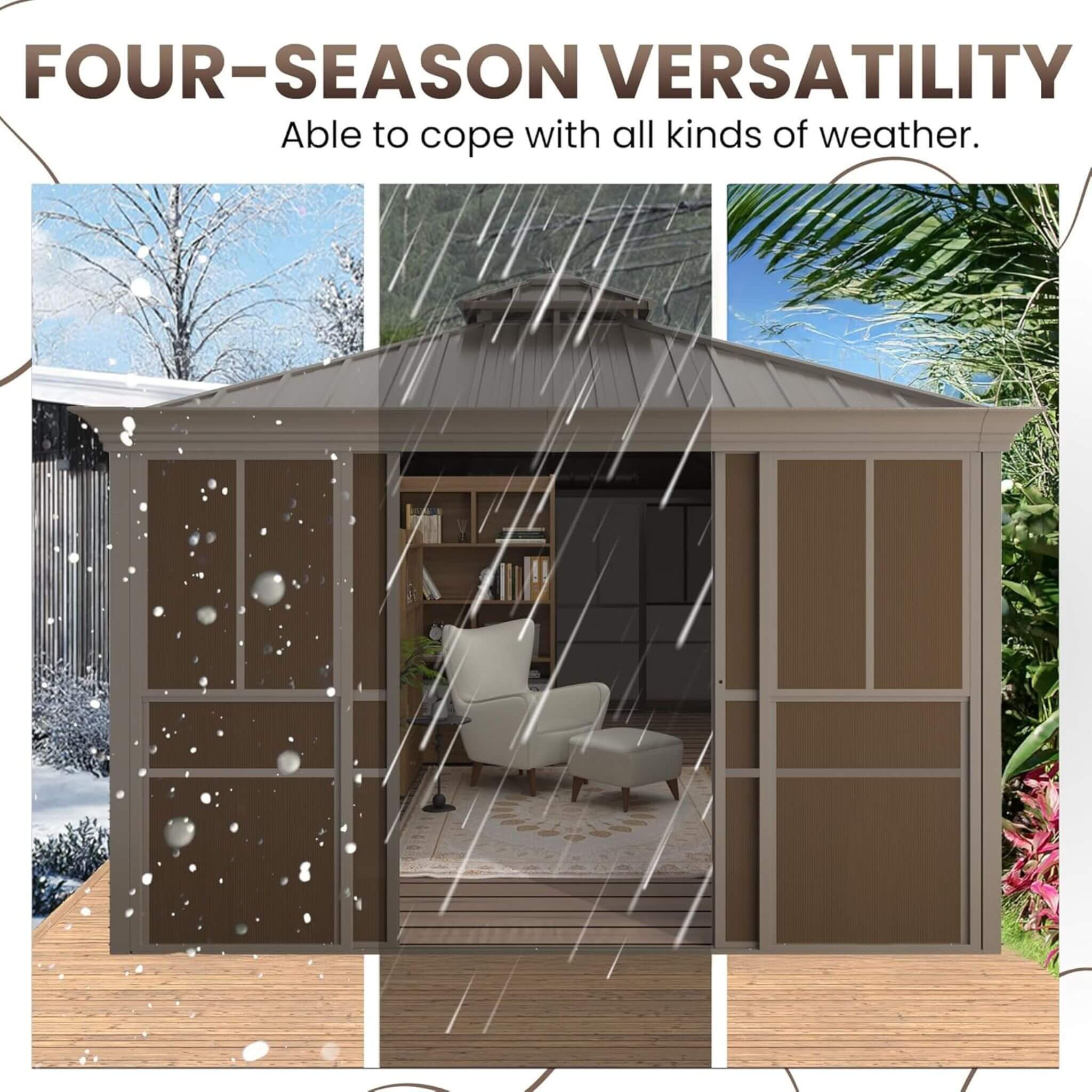 Alora Terrace Fully-Enclosed Outdoor Black Sunroom With Lockable Sliding Doors And Galvanized Double Steel Roof (SAK81634)