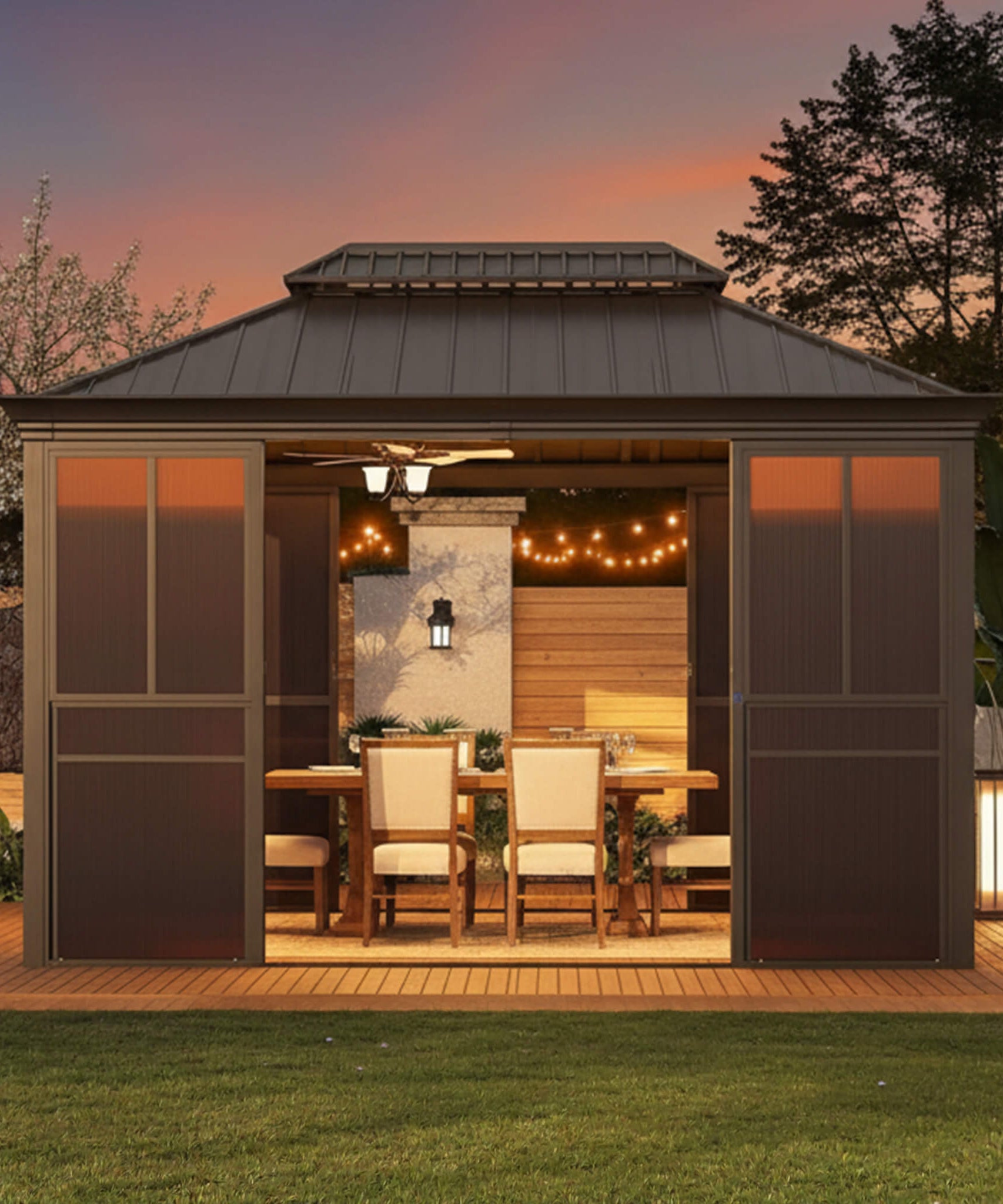 Alora Terrace Fully-Enclosed Outdoor Black Sunroom With Lockable Sliding Doors And Galvanized Double Steel Roof (SAK81634)