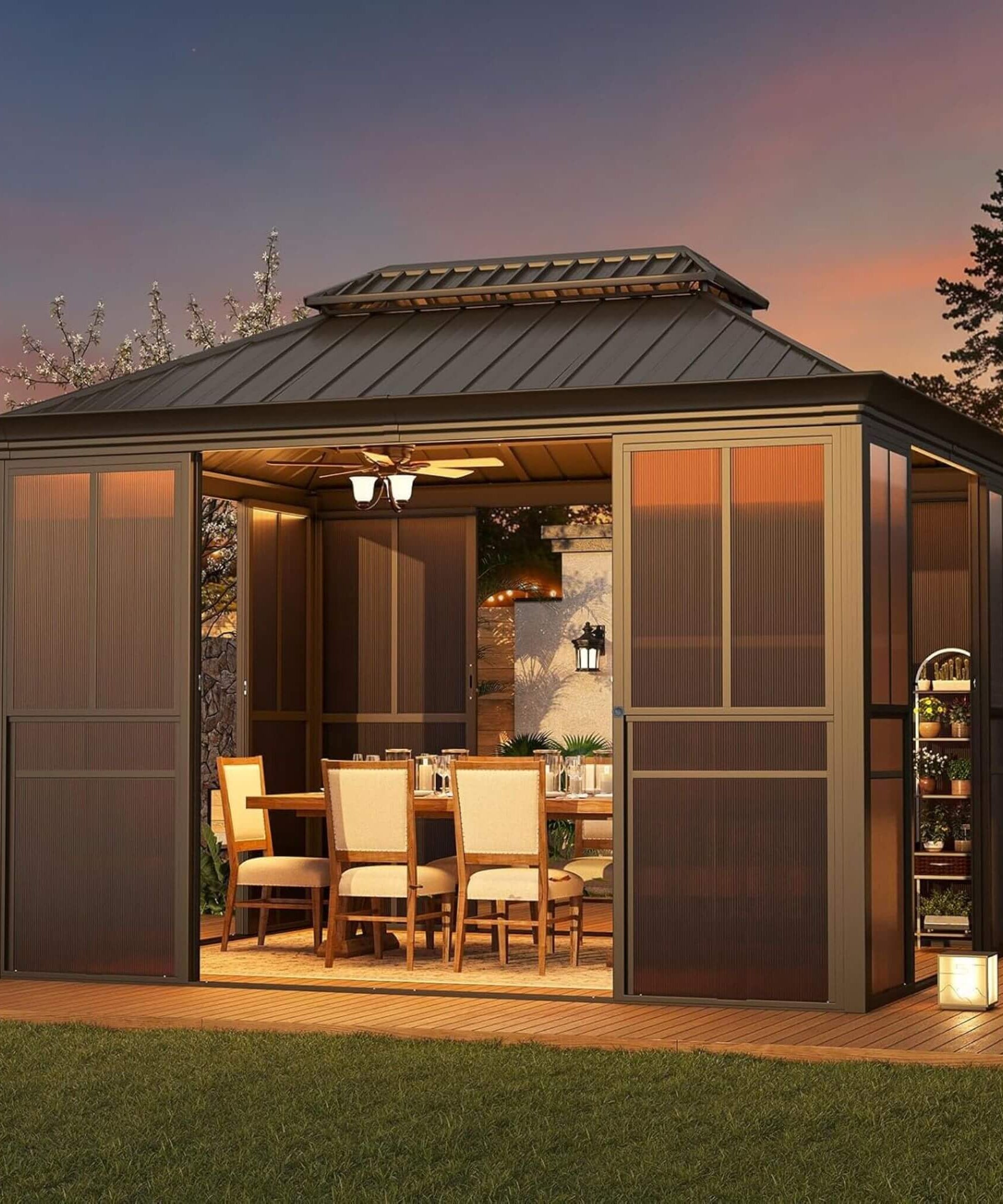Alora Terrace Fully-Enclosed Outdoor Black Sunroom With Lockable Sliding Doors And Galvanized Double Steel Roof (SAK81634)