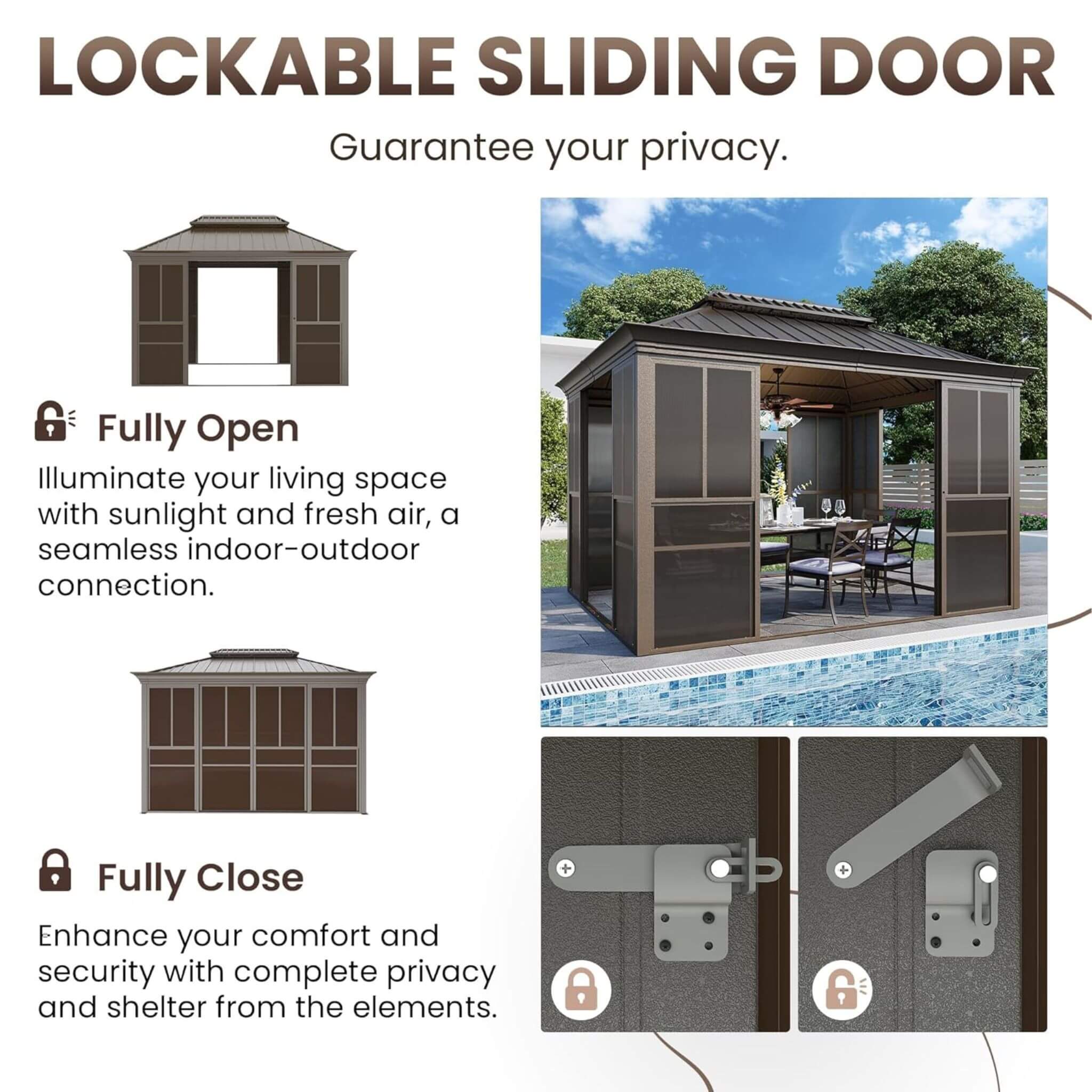 Alora Terrace Fully-Enclosed Outdoor Black Sunroom With Lockable Sliding Doors And Galvanized Double Steel Roof (SAK81634)