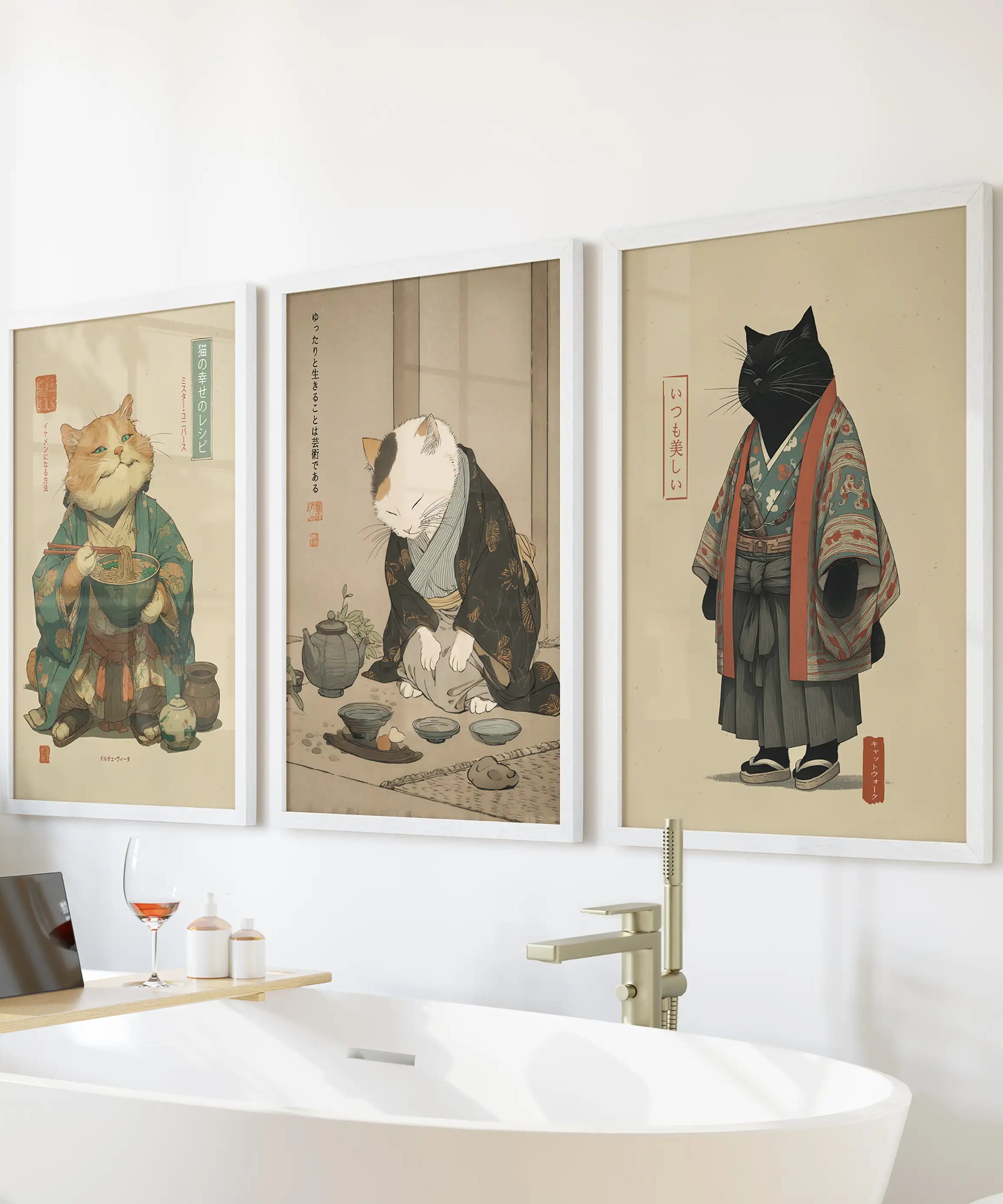Japanese Ukiyo-e Style Cat Wall Art Set of 3. Tea Ceremony