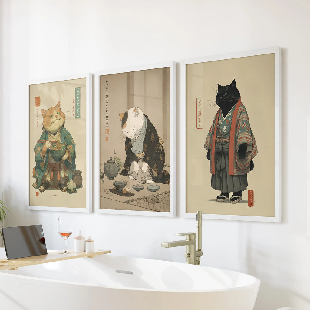 Japanese Ukiyo-e Style Cat Wall Art Set of 3. Tea Ceremony