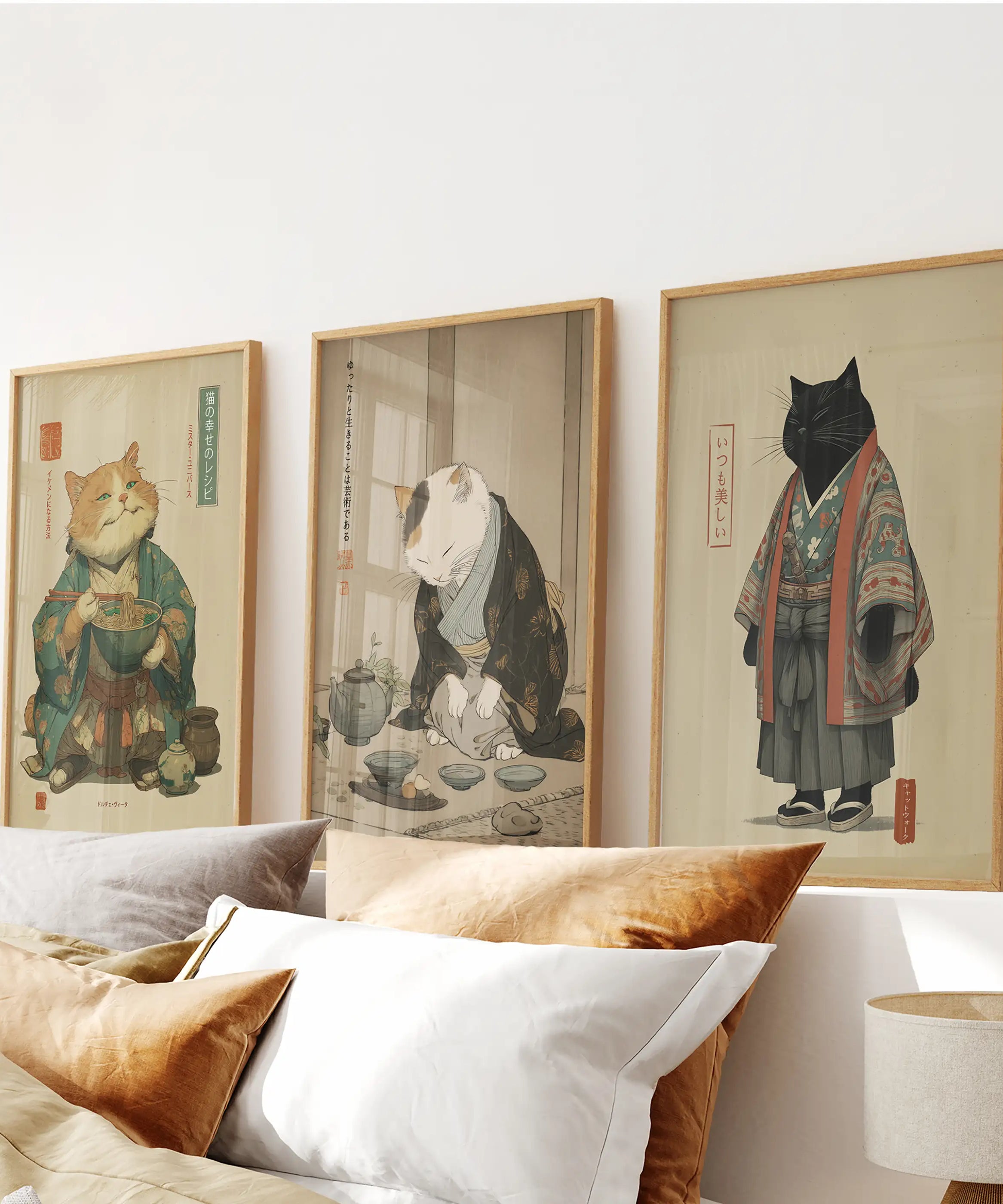Japanese Ukiyo-e Style Cat Wall Art Set of 3. Tea Ceremony