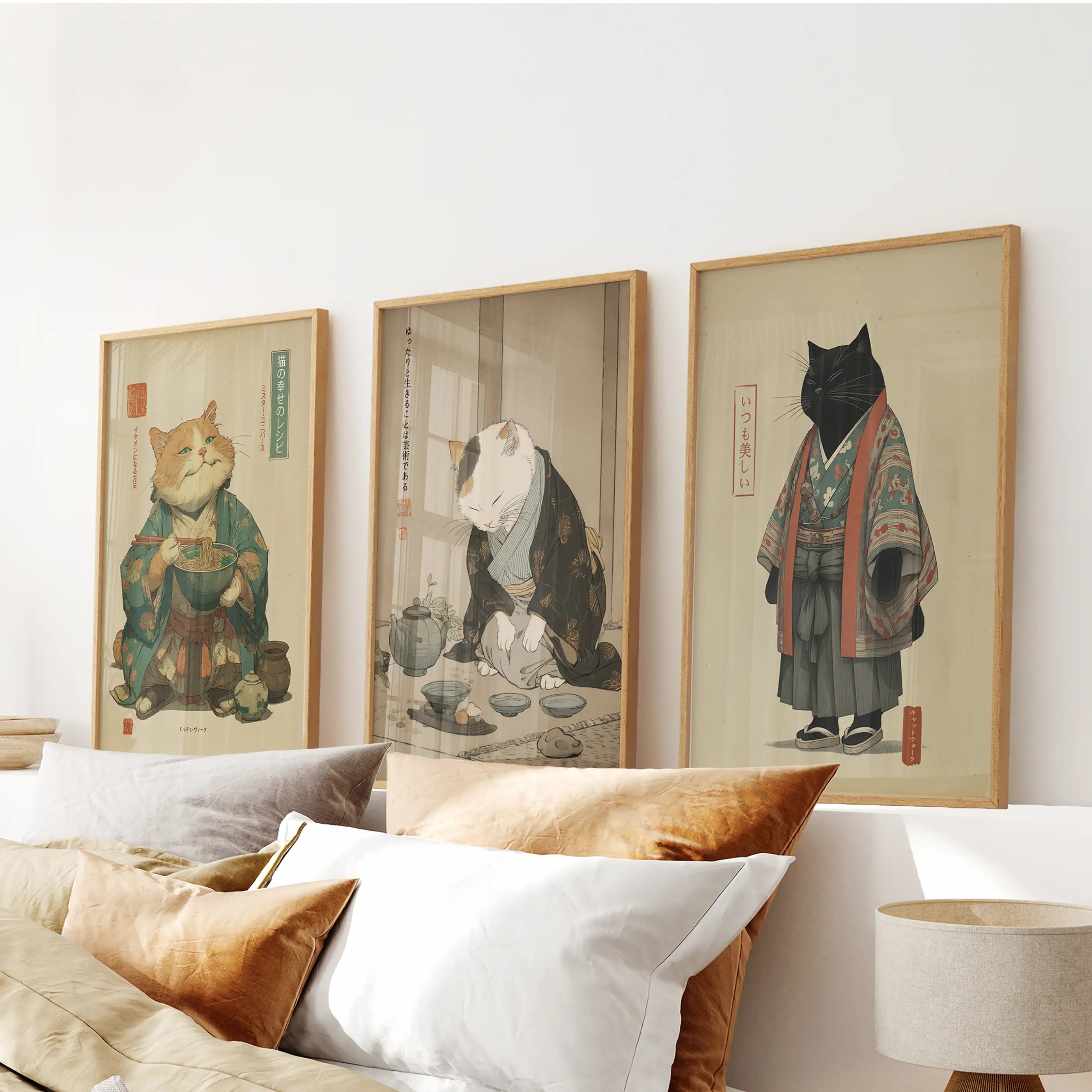 Japanese Ukiyo-e Style Cat Wall Art Set of 3. Tea Ceremony