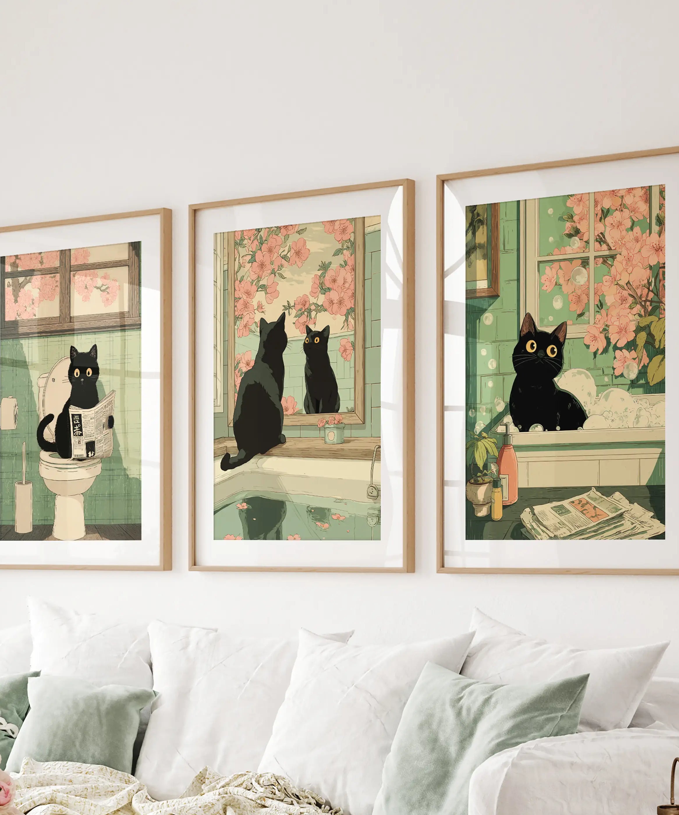 Funny Bathroom Poster. Japan Cat Pooping Wall Art Set of 3