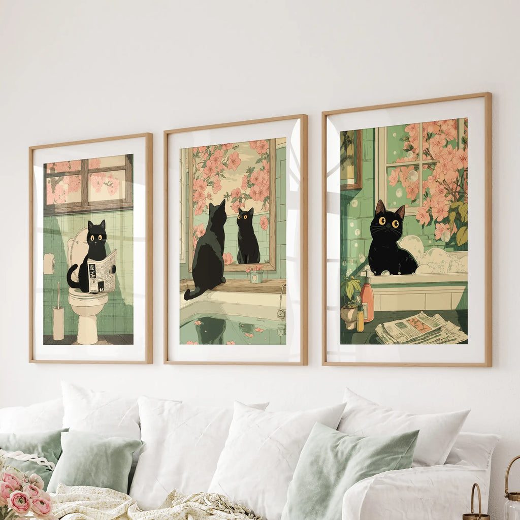 Funny Bathroom Poster. Japan Cat Pooping Wall Art Set of 3