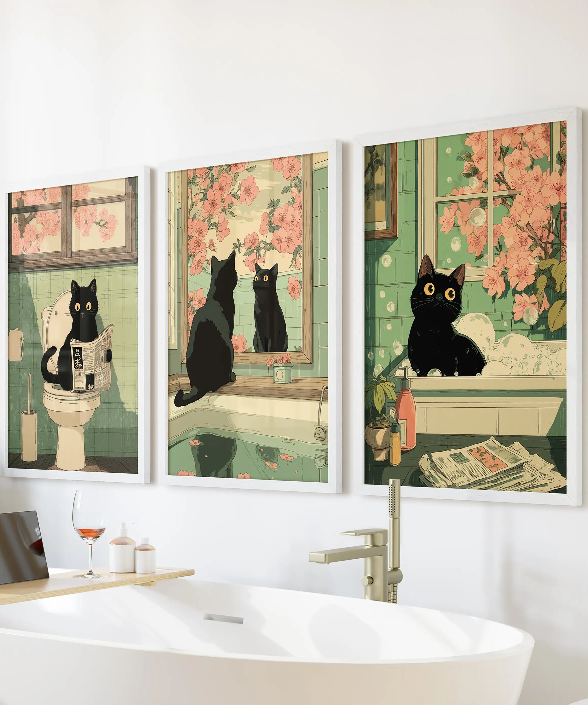 Funny Bathroom Poster. Japan Cat Pooping Wall Art Set of 3