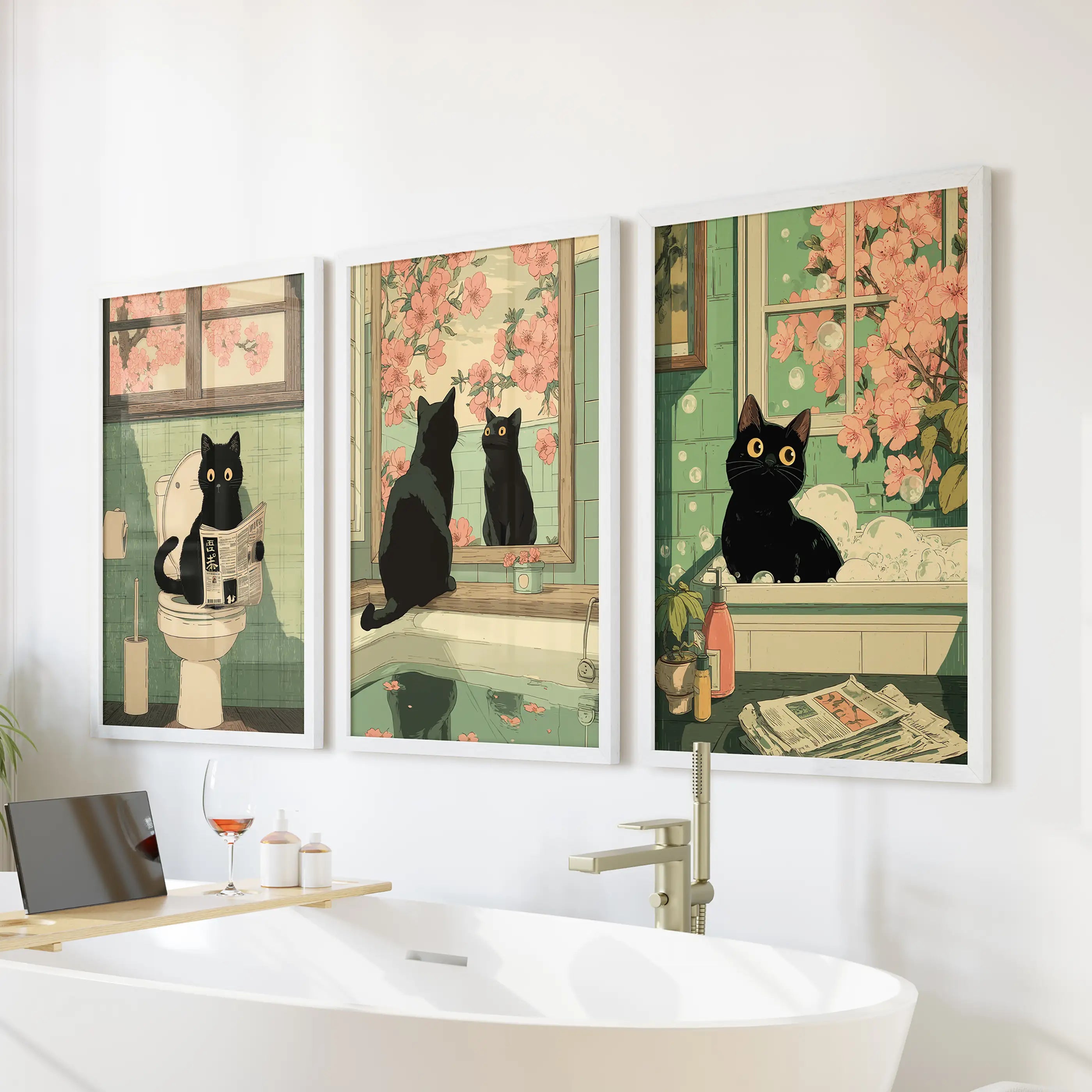 Funny Bathroom Poster. Japan Cat Pooping Wall Art Set of 3