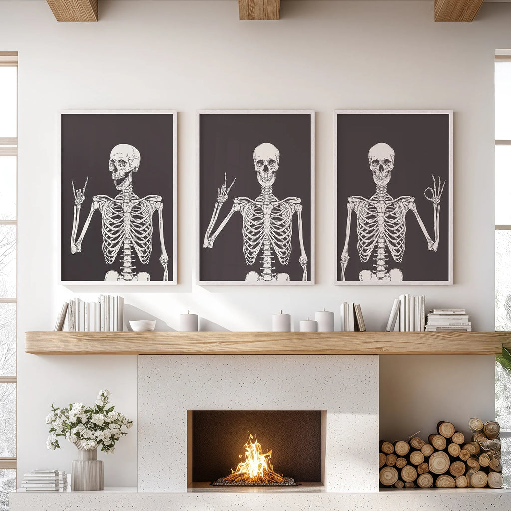Halloween Skeleton Wall Art Set. 3 Piece Black Gothic Prints