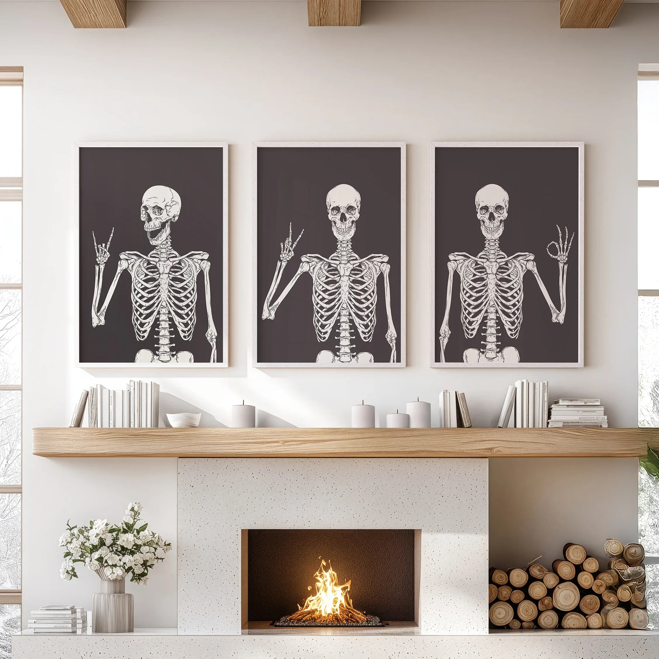 Halloween Skeleton Wall Art Set. 3 Piece Black Gothic Prints