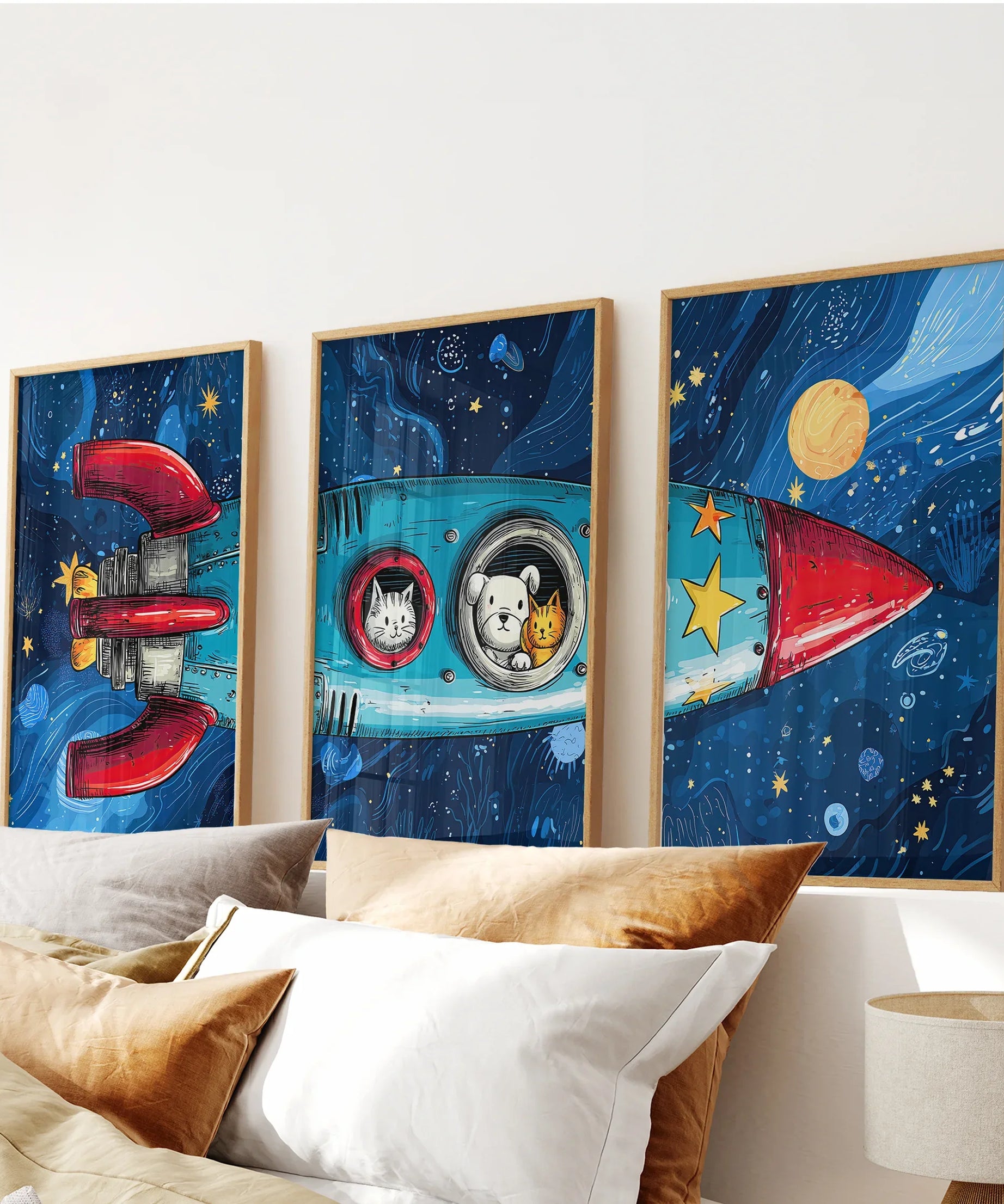 Outer Space Kids Wall Art. Rocket and Stars Nursery Prints