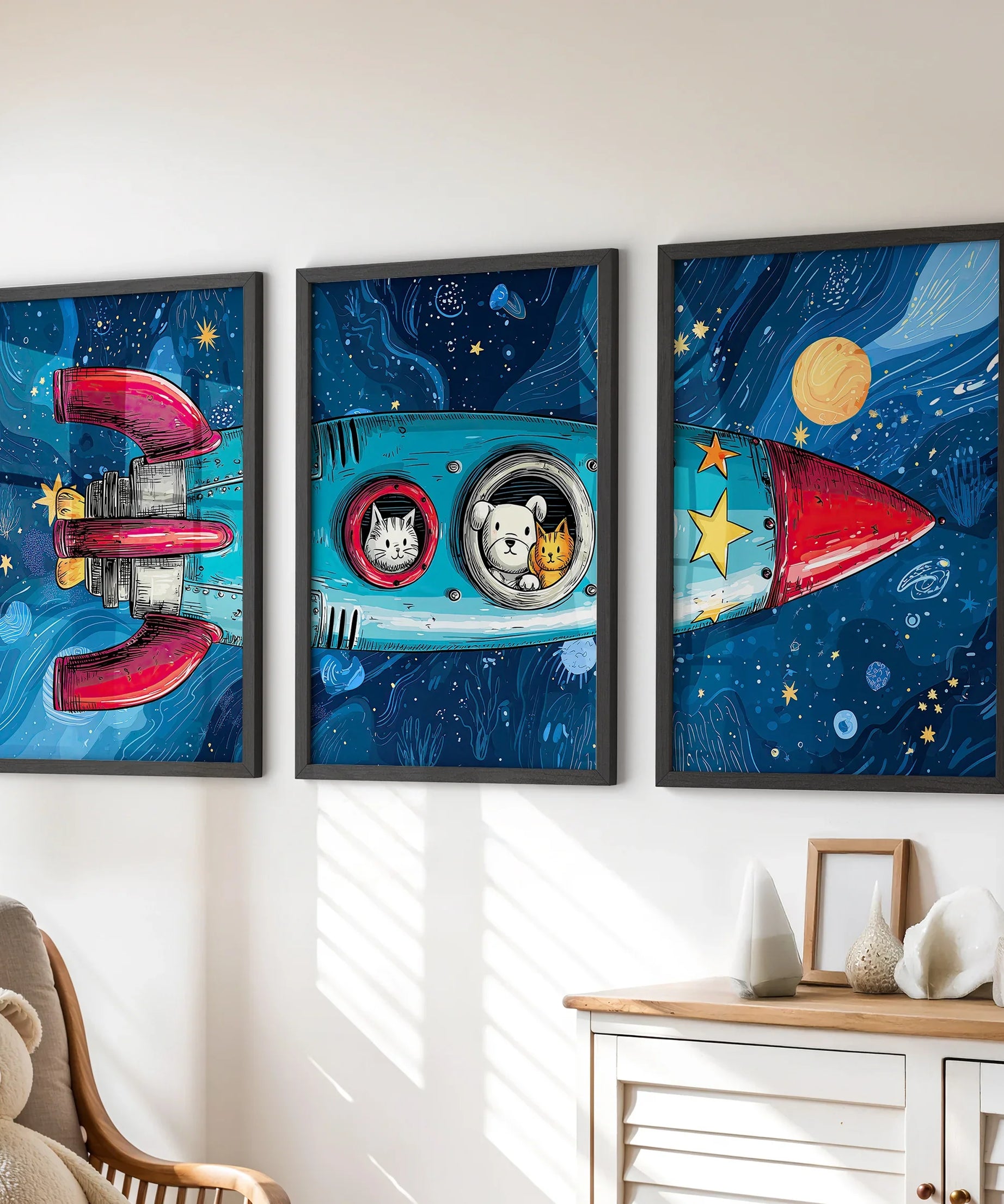 Outer Space Kids Wall Art. Rocket and Stars Nursery Prints