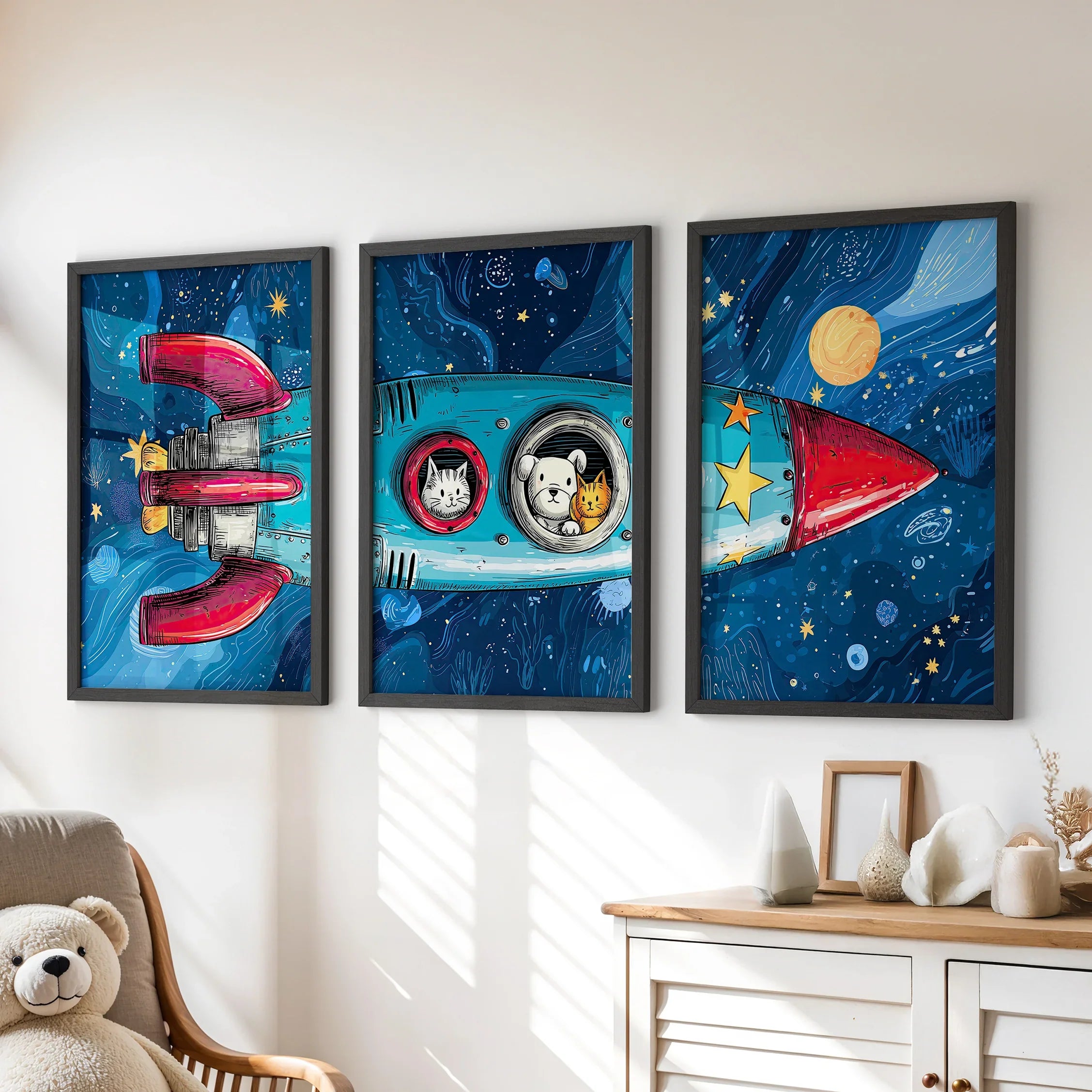 Outer Space Kids Wall Art. Rocket and Stars Nursery Prints