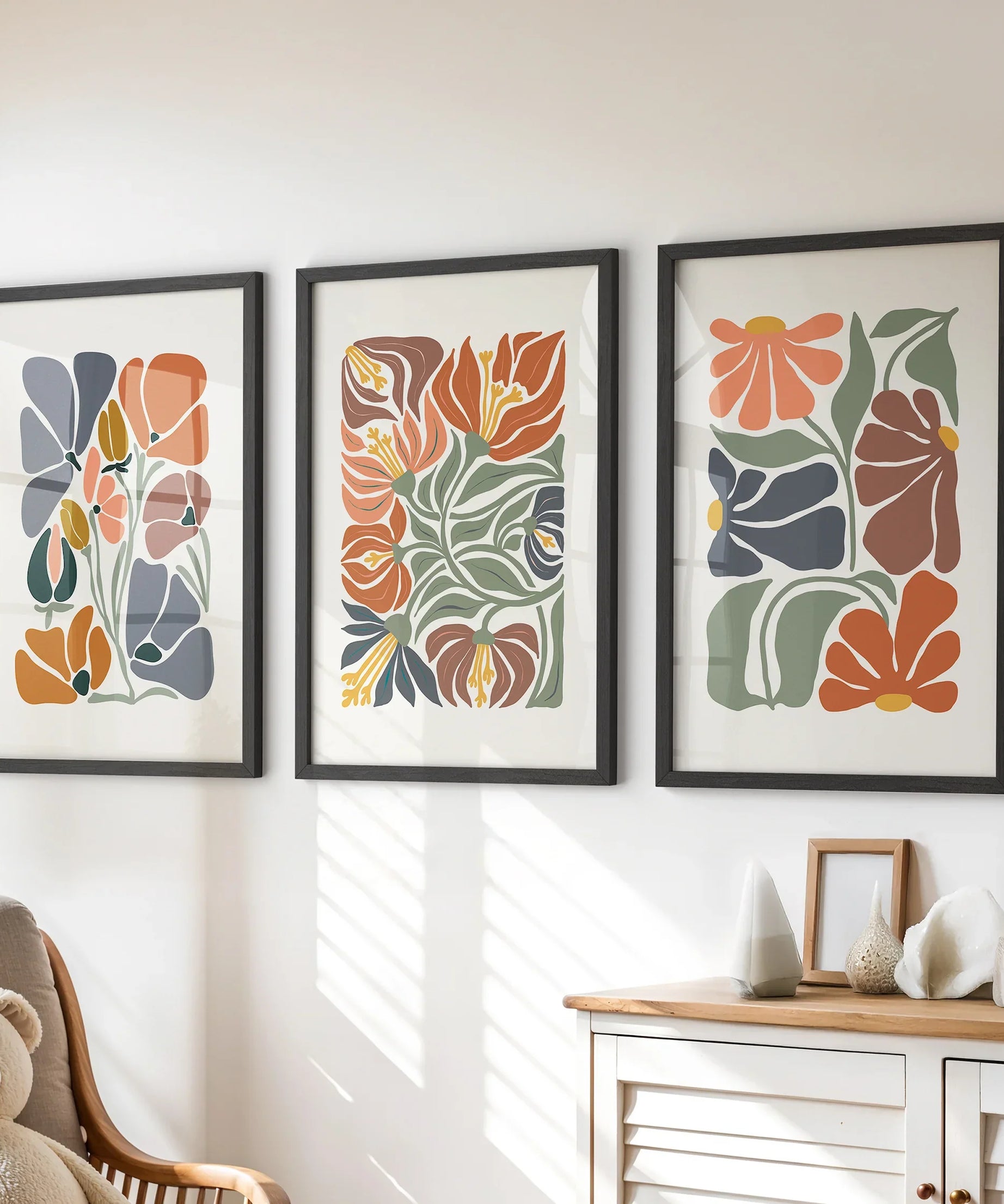 Boho Botanical Set of 3 Wall Art. Abstract Flowers Prints
