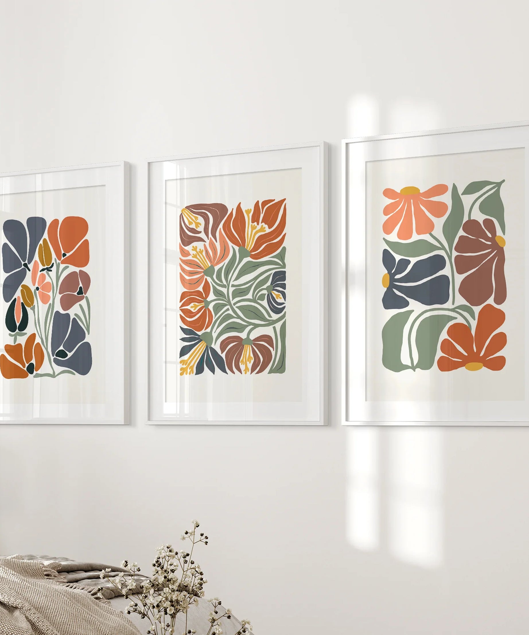 Boho Botanical Set of 3 Wall Art. Abstract Flowers Prints
