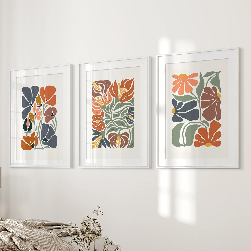 Boho Botanical Set of 3 Wall Art. Abstract Flowers Prints
