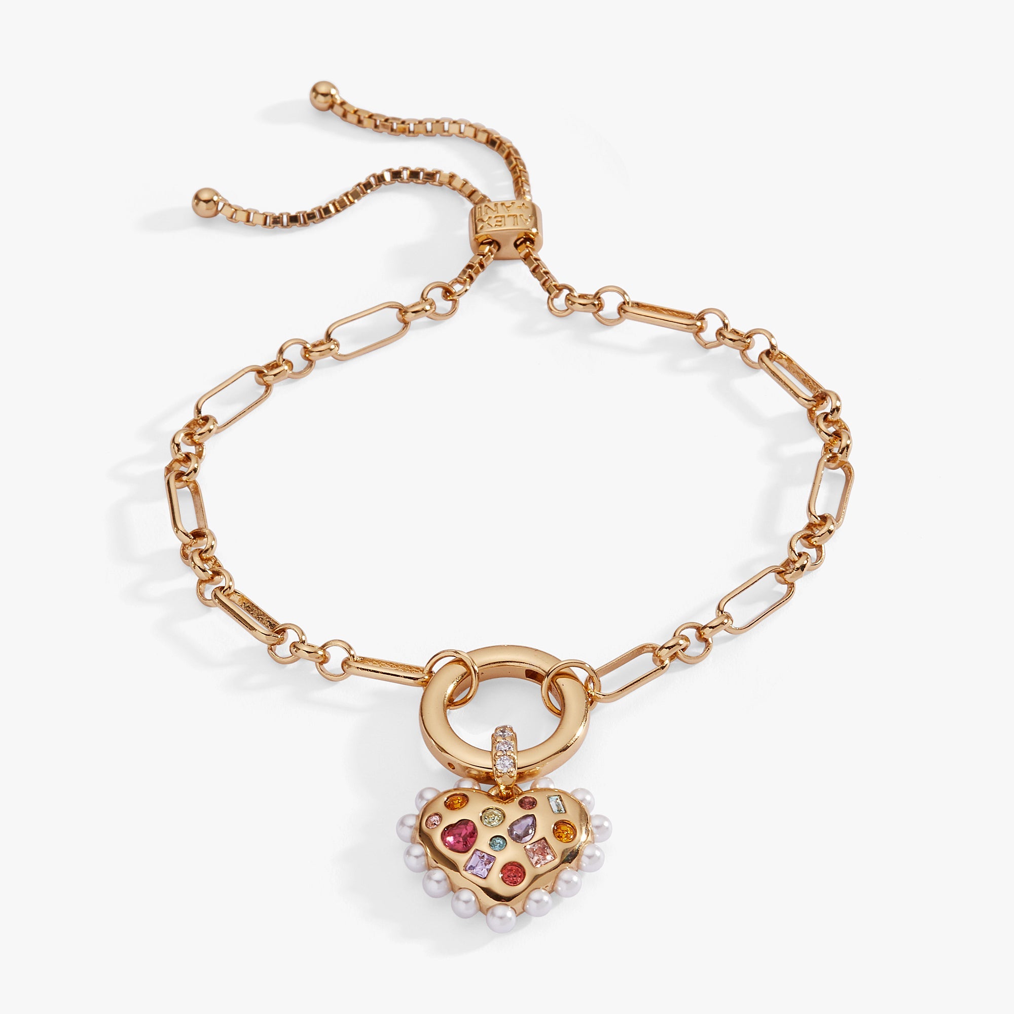 Puffy Heart Gemstone And Pearl Chain Bolo Bracelet