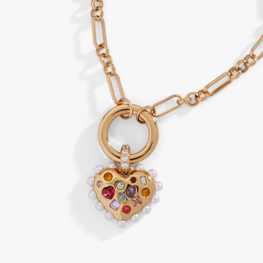 Puffy Heart Gemstone And Pearl Chain Bolo Bracelet