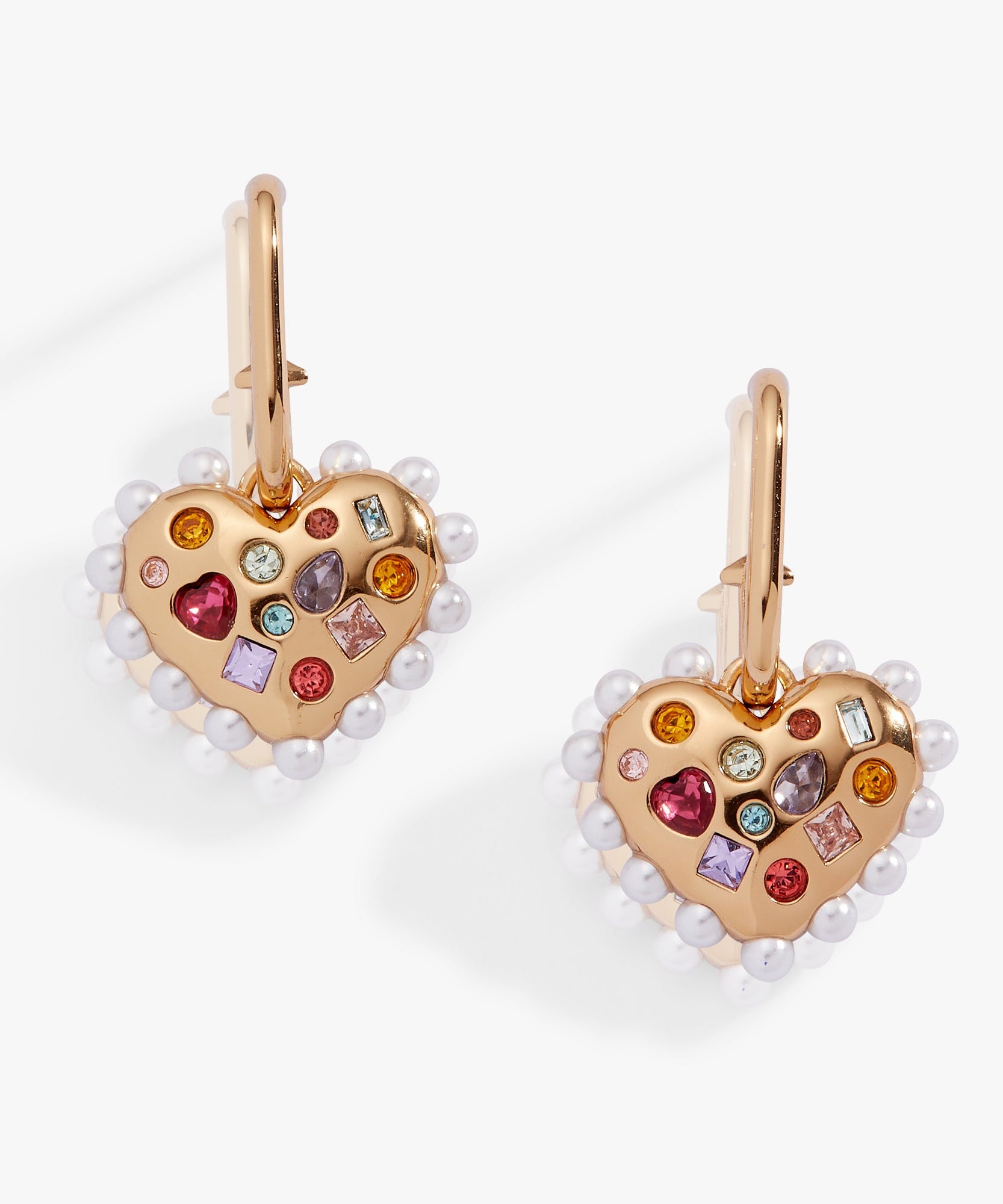 Puffy Heart Gemstone And Pearl Charm Hoop Earrings