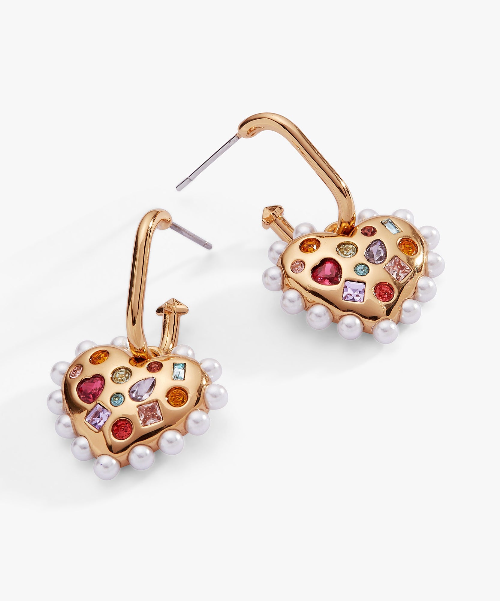 Puffy Heart Gemstone And Pearl Charm Hoop Earrings