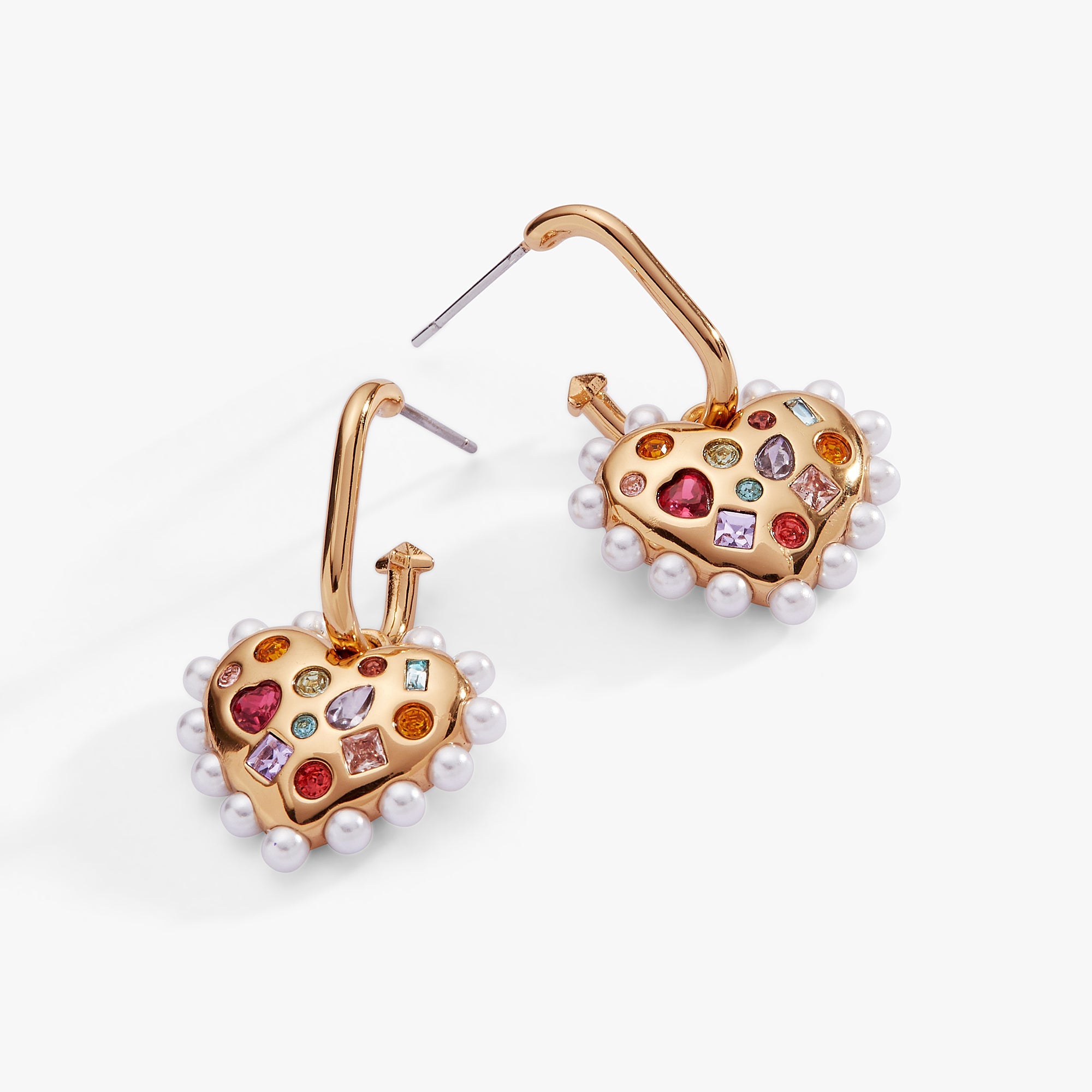 Puffy Heart Gemstone And Pearl Charm Hoop Earrings