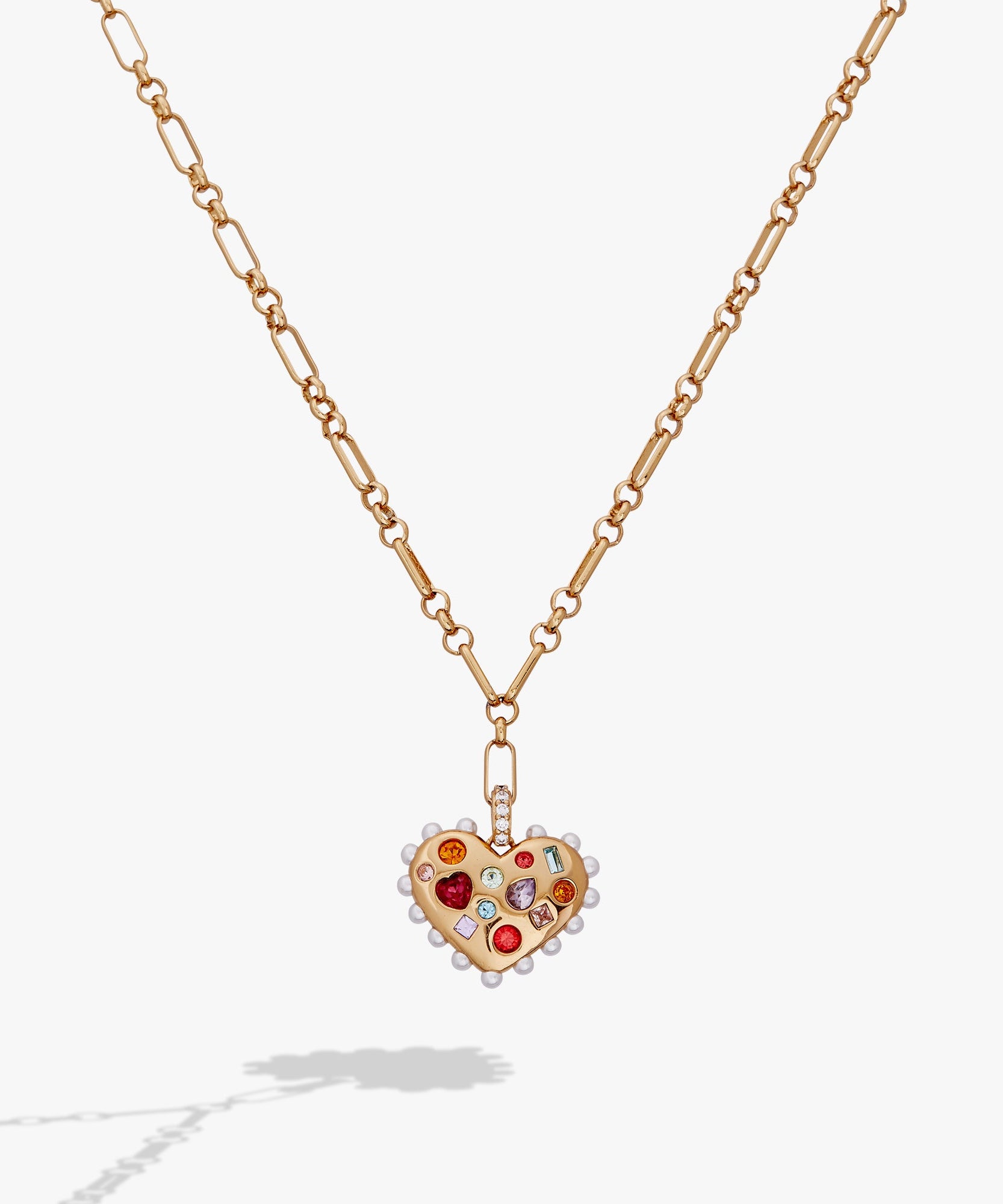 Puffy Heart Gemstone And Pearl Pendant Necklace